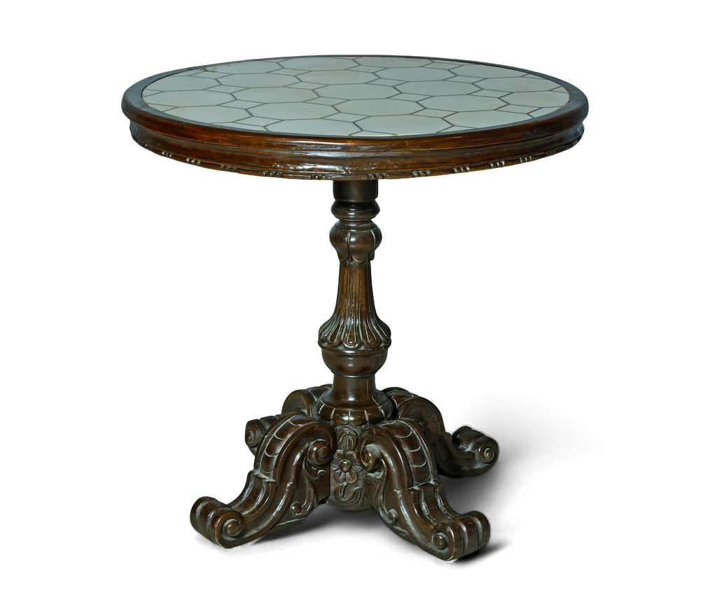 Handcrafted Brass Inlay Round Table with Ornate Carved Solid Wood Base
