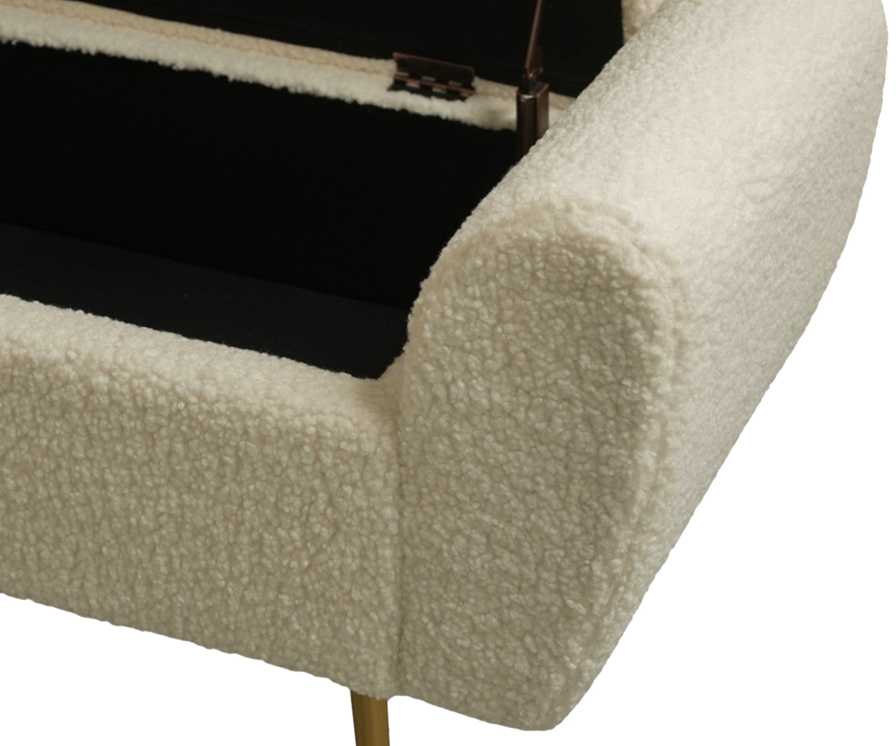 Ivory Bouclé Storage Bench with Golden Metal Legs