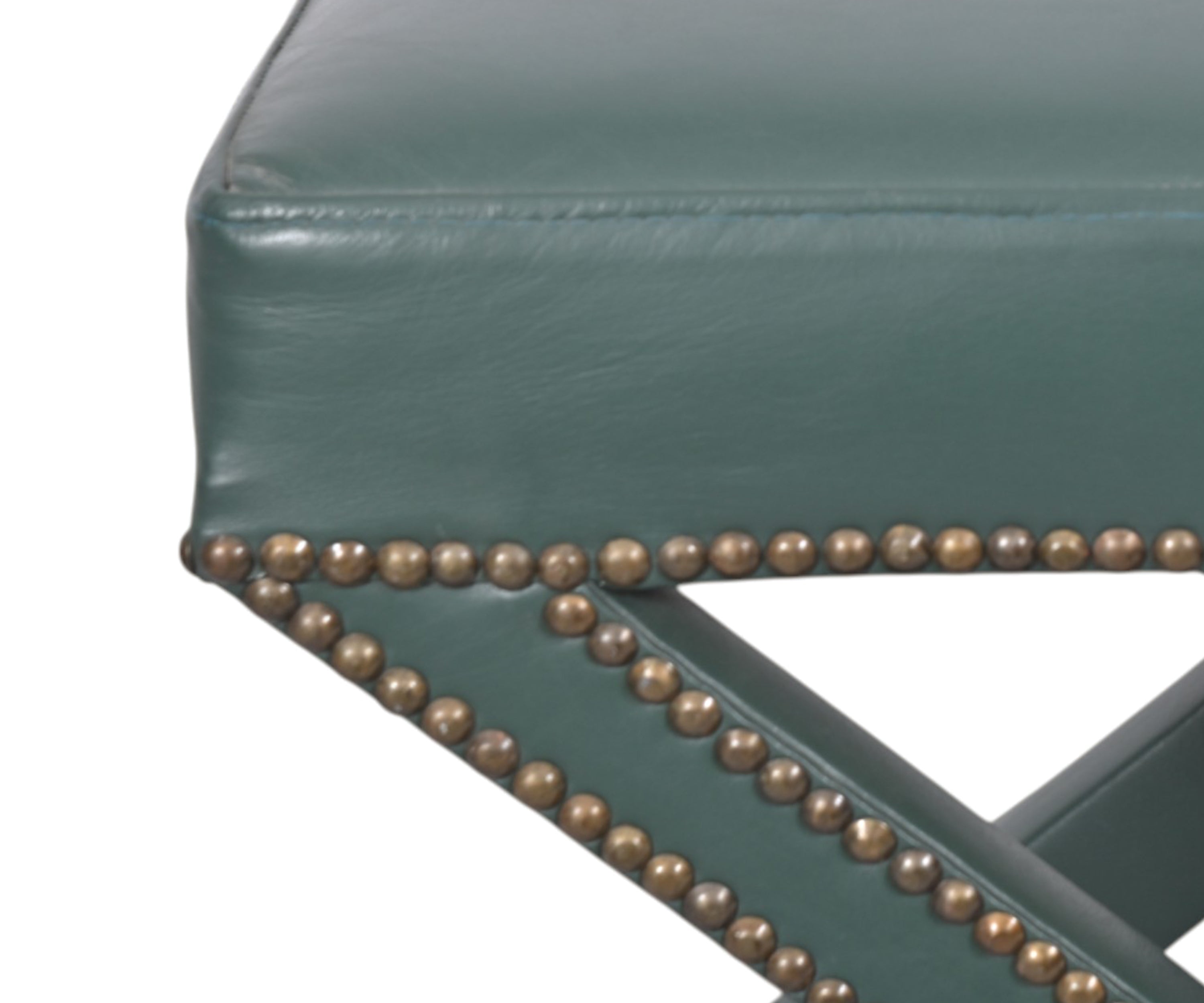Green Upholstered X-Base Stool with Nailhead Trim