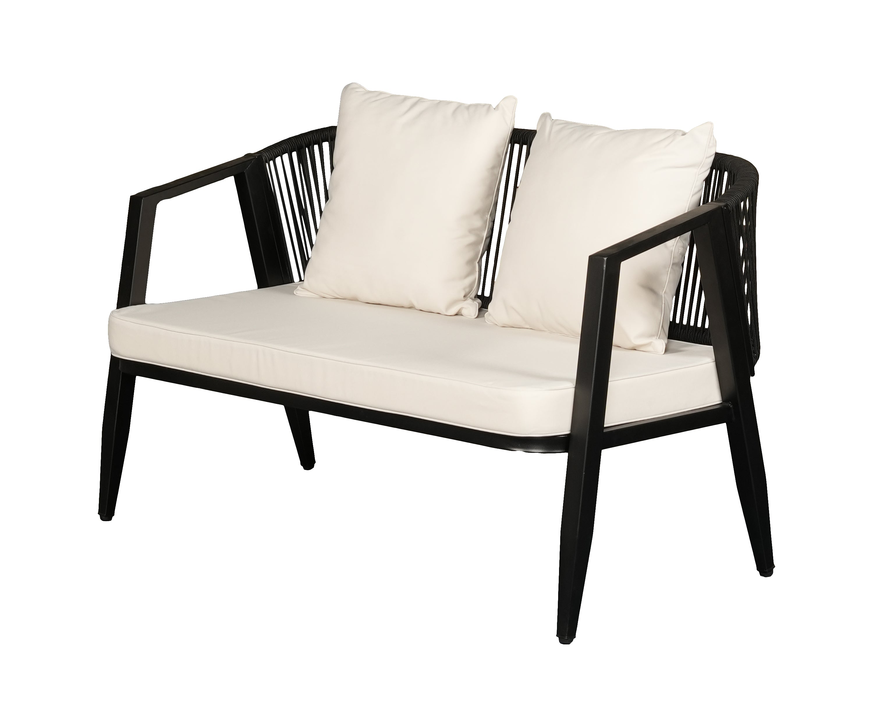 Modern Outdoor 2-Seater Sofa in Black Frame with Ivory Cushions