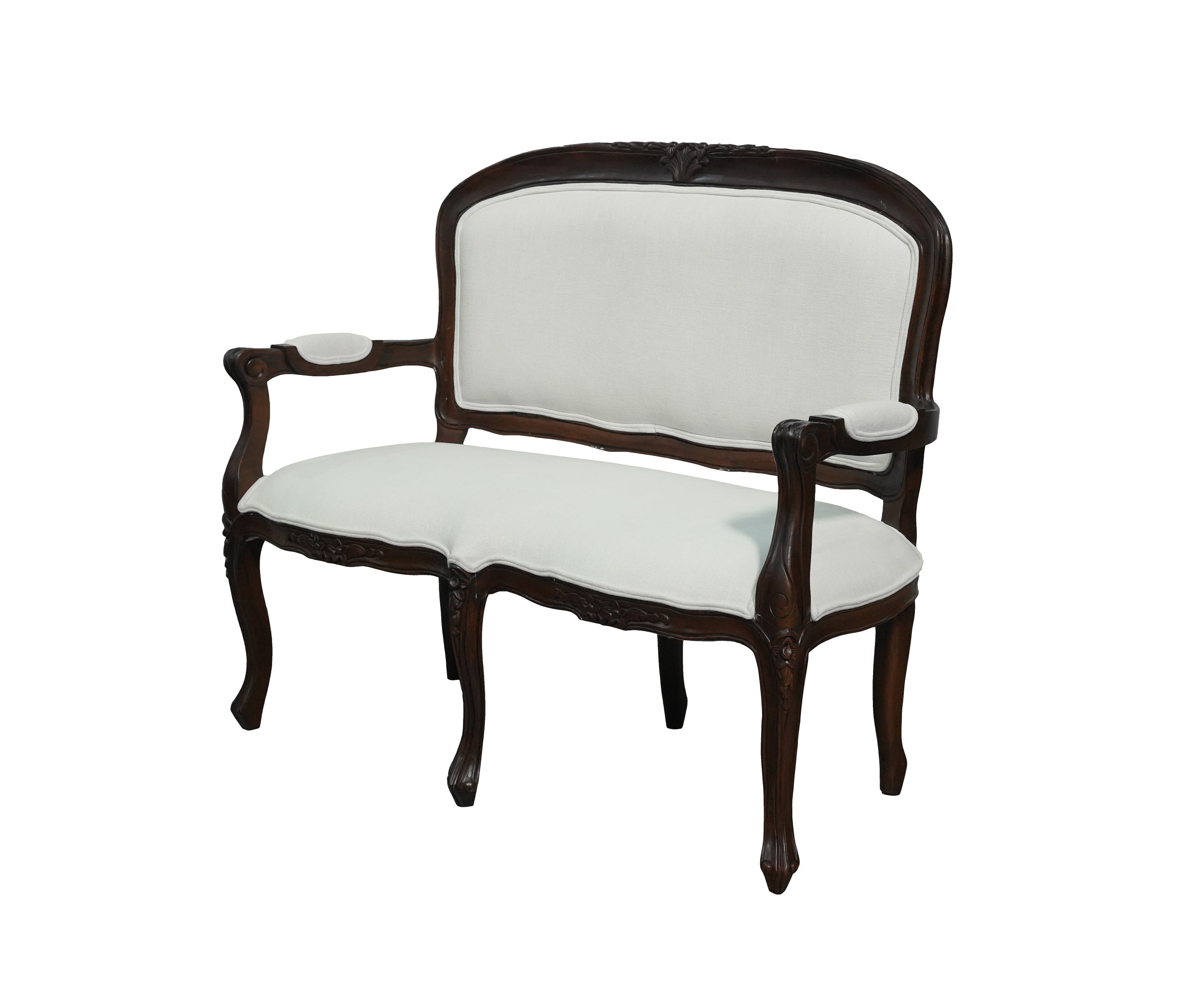 French Style Upholstered Wooden Sofa with Carved Dark Wood Frame