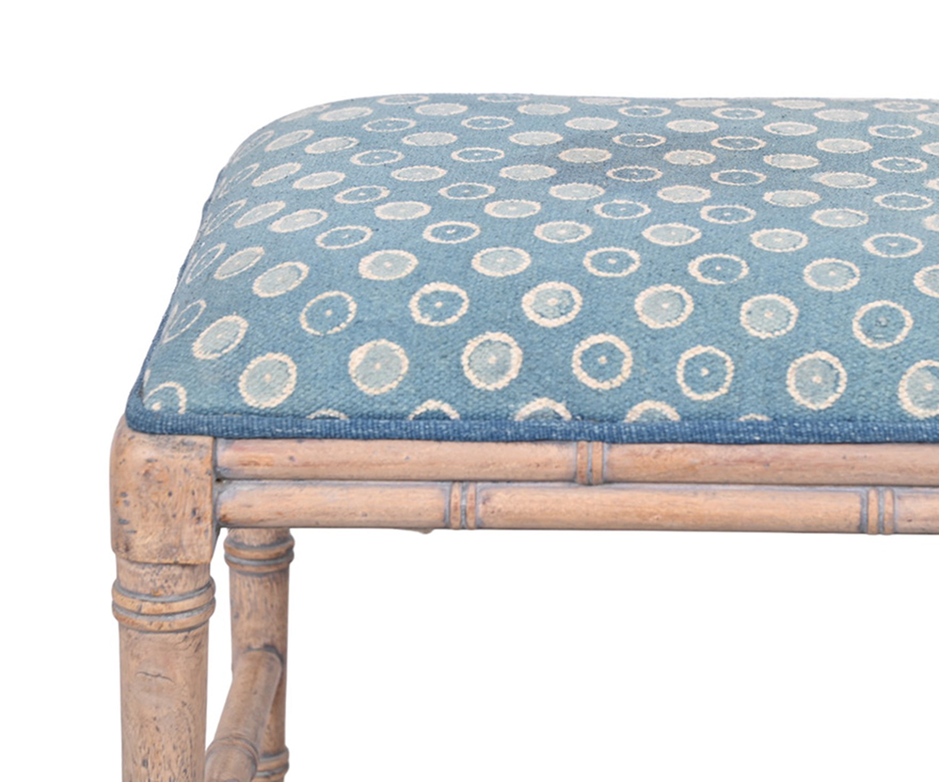 Blue and White Patterned Upholstered Stool with Bamboo-Style Legs