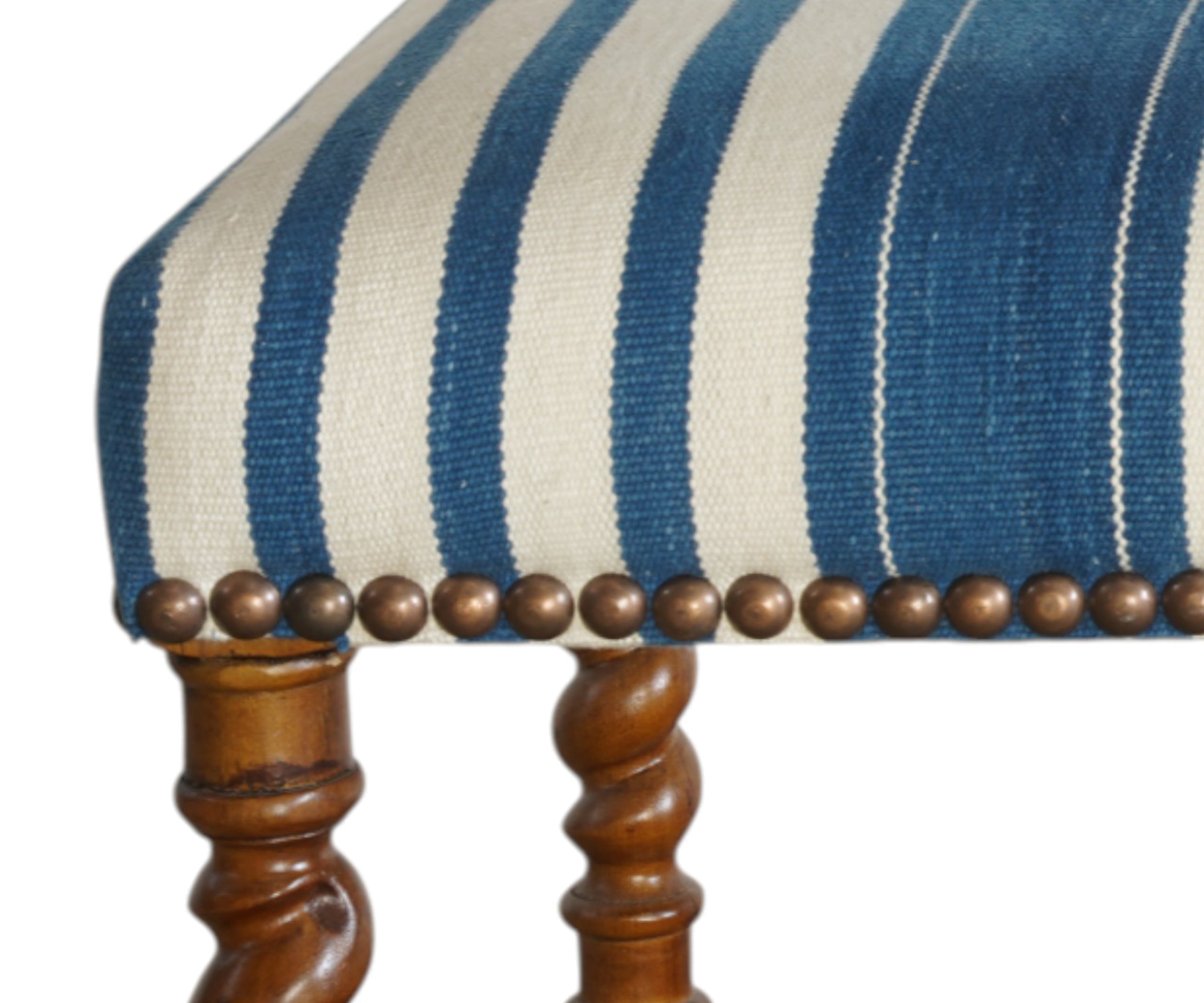 Blue and White Striped Upholstered Stool with Barely Twist Legs & Brass Nailhead Trim