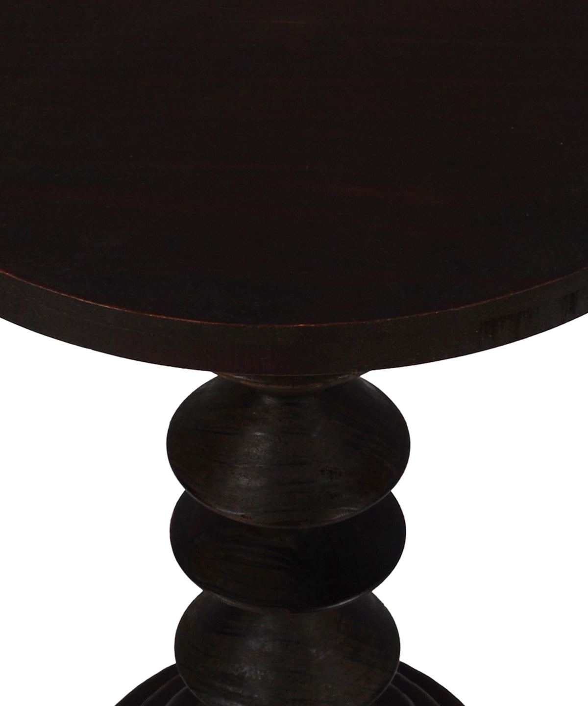Round Dark Wood Side Table with Stacked Geometric Pedestal