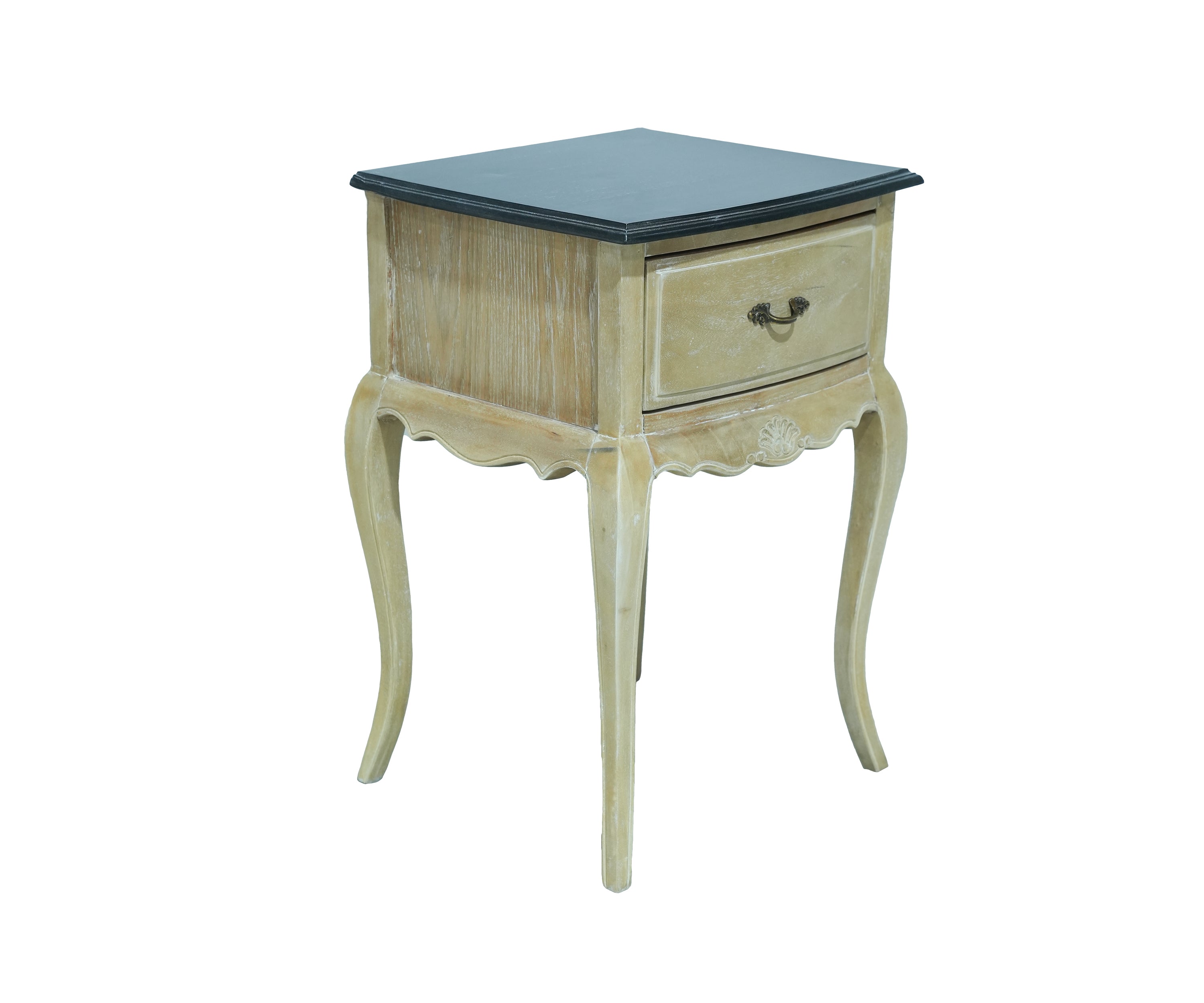 French Style Natural Wood Bedside Table with Black Top