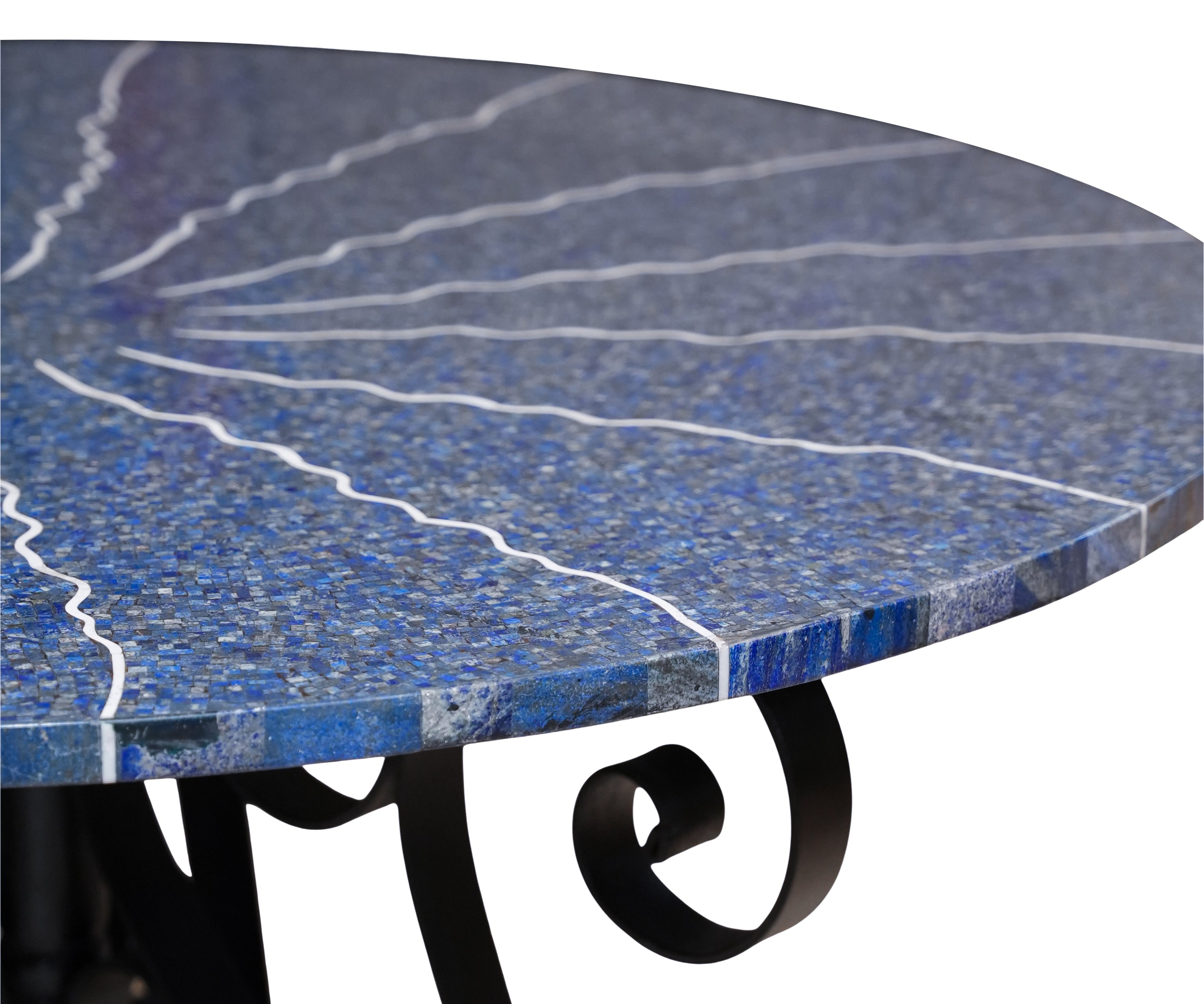 Lapis Lazuli Inlay Round Dining Table with Wrought Iron Base