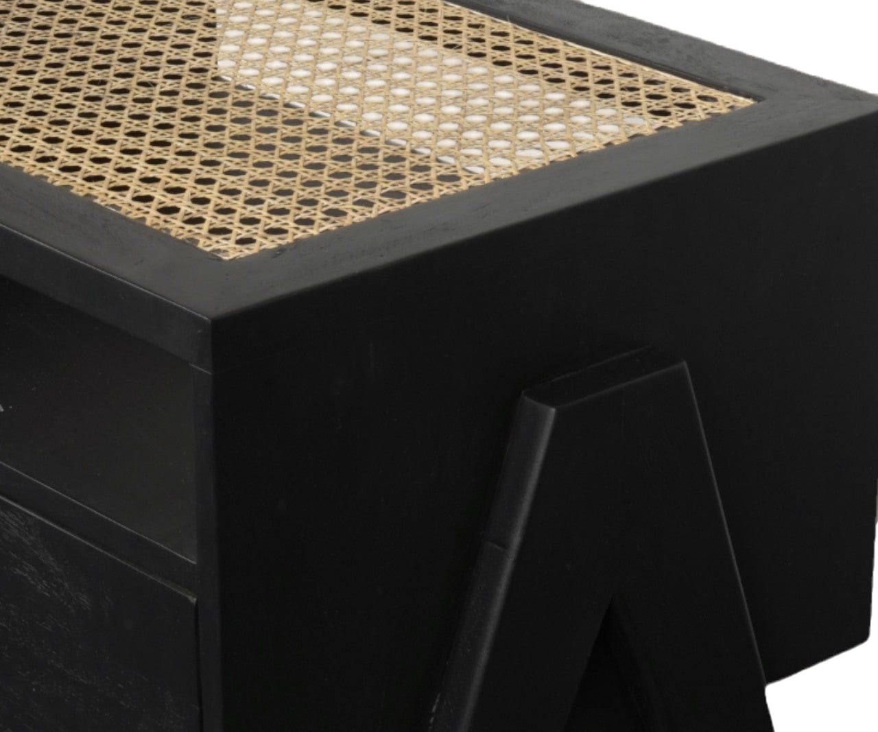 Black Cane Top V-Leg Bed Side Table with Drawer and Open Shelf
