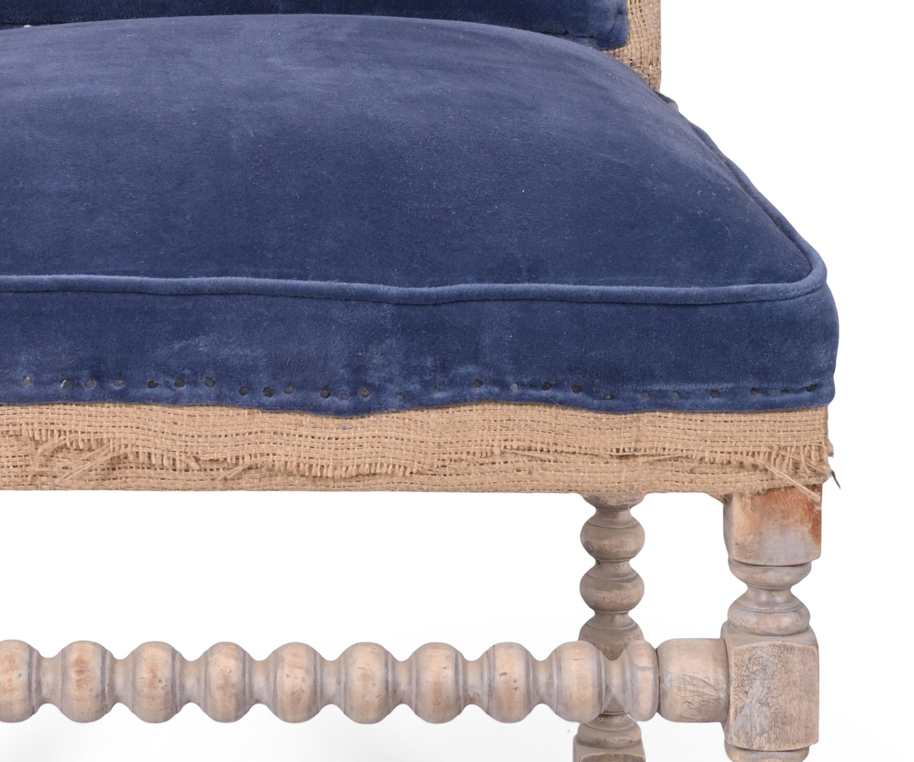 Blue Velvet French Dining Chair with Burlap Trim and Bobbin Legs