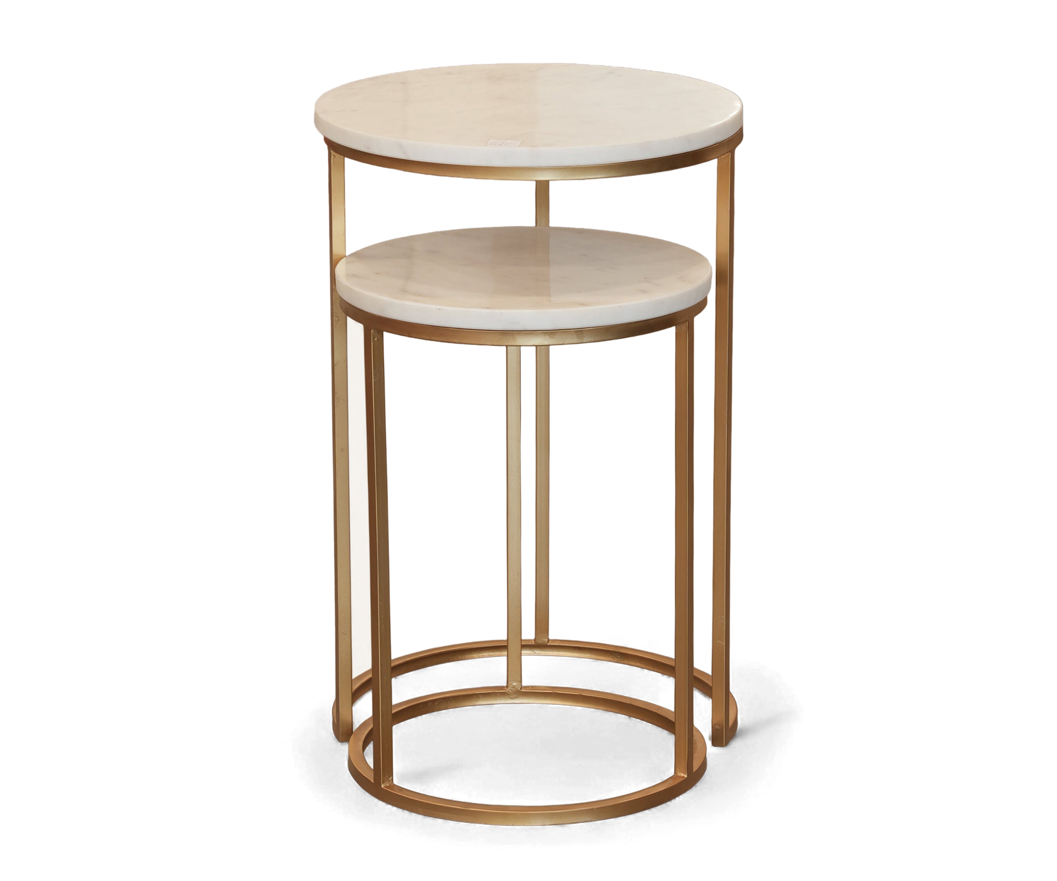 Round Marble Top Nesting Side Tables Set of 2 with Gold Metal Base