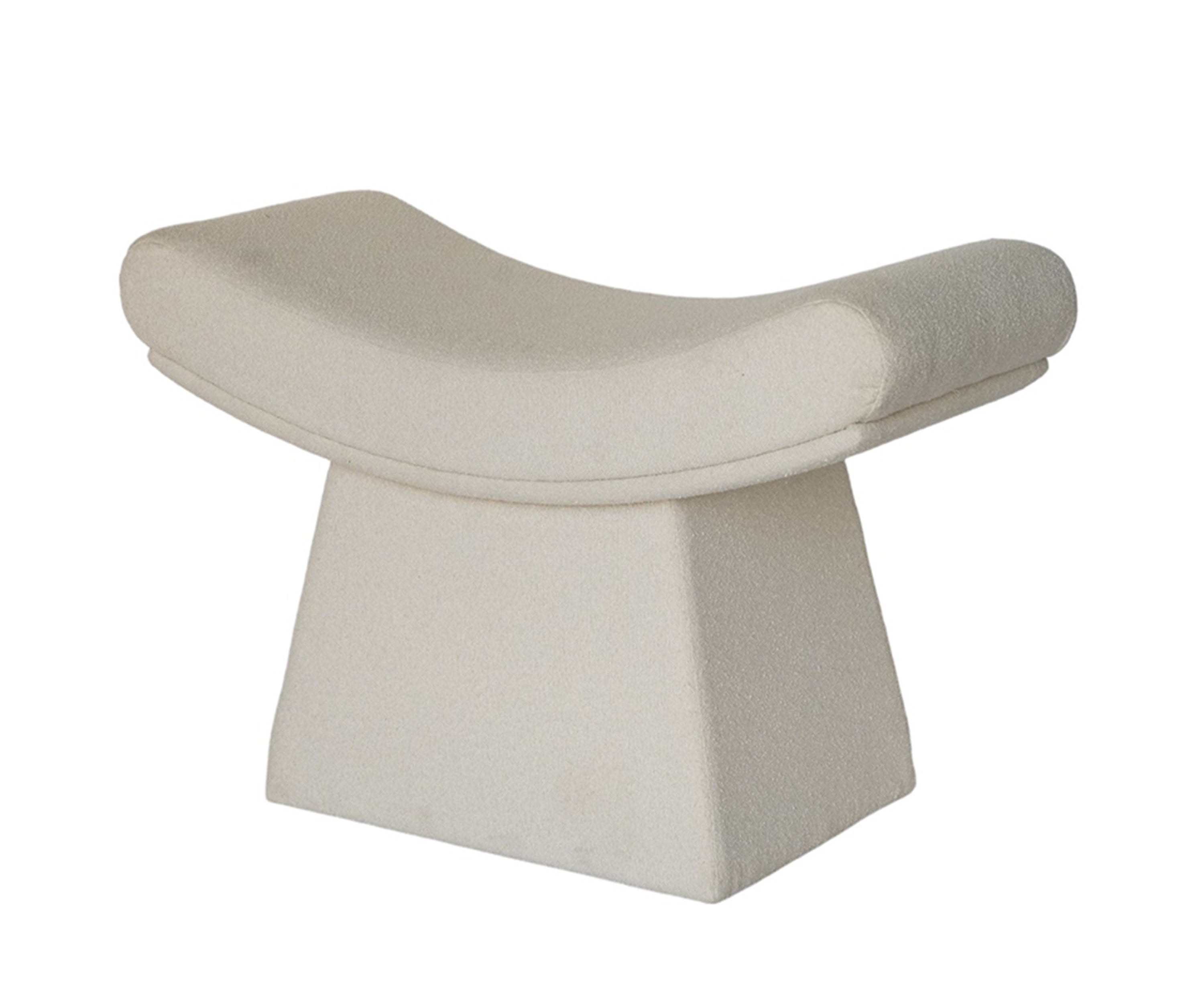 White Boucle Curved Stool with Sculptural Base