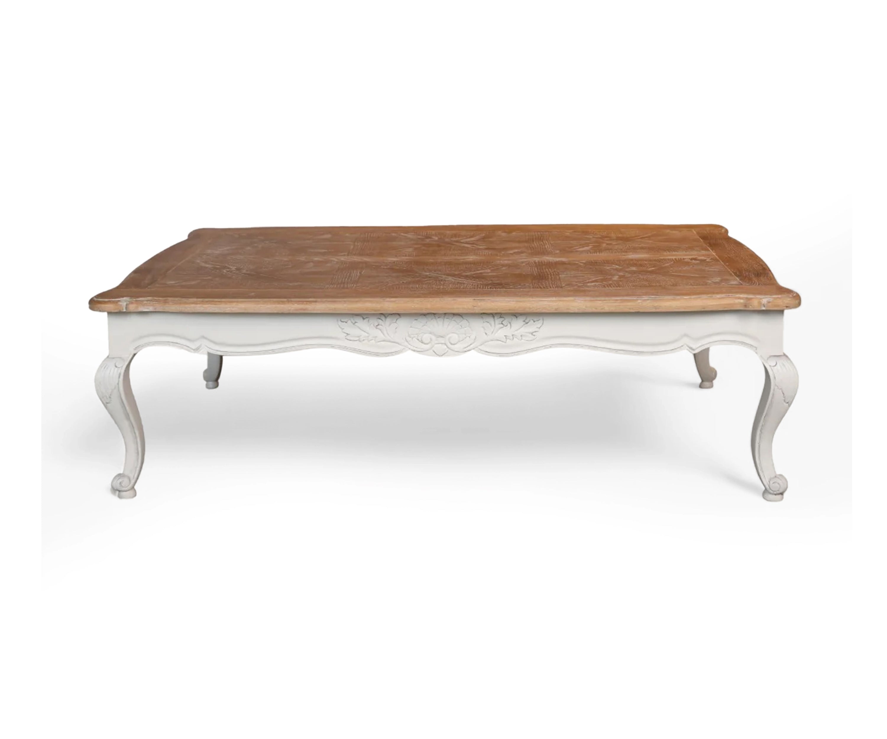 French Carved Acacia Wood Coffee Table – White Base