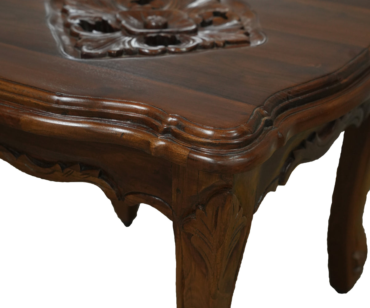 Carved Teak Side Table with Floral Relief Top