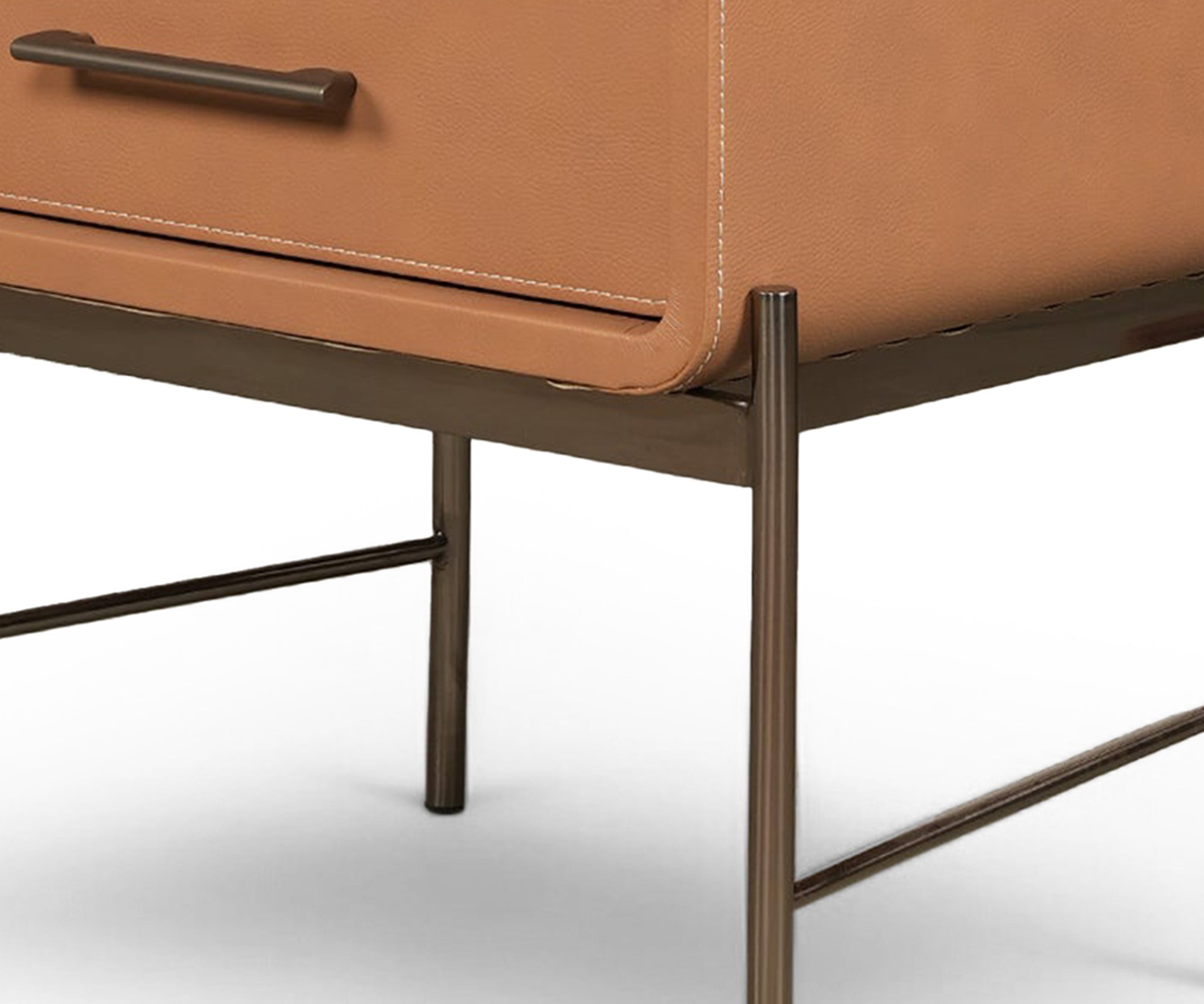 Camel Leather Wrapped 2-Drawer Bed Side Table with Metal Base