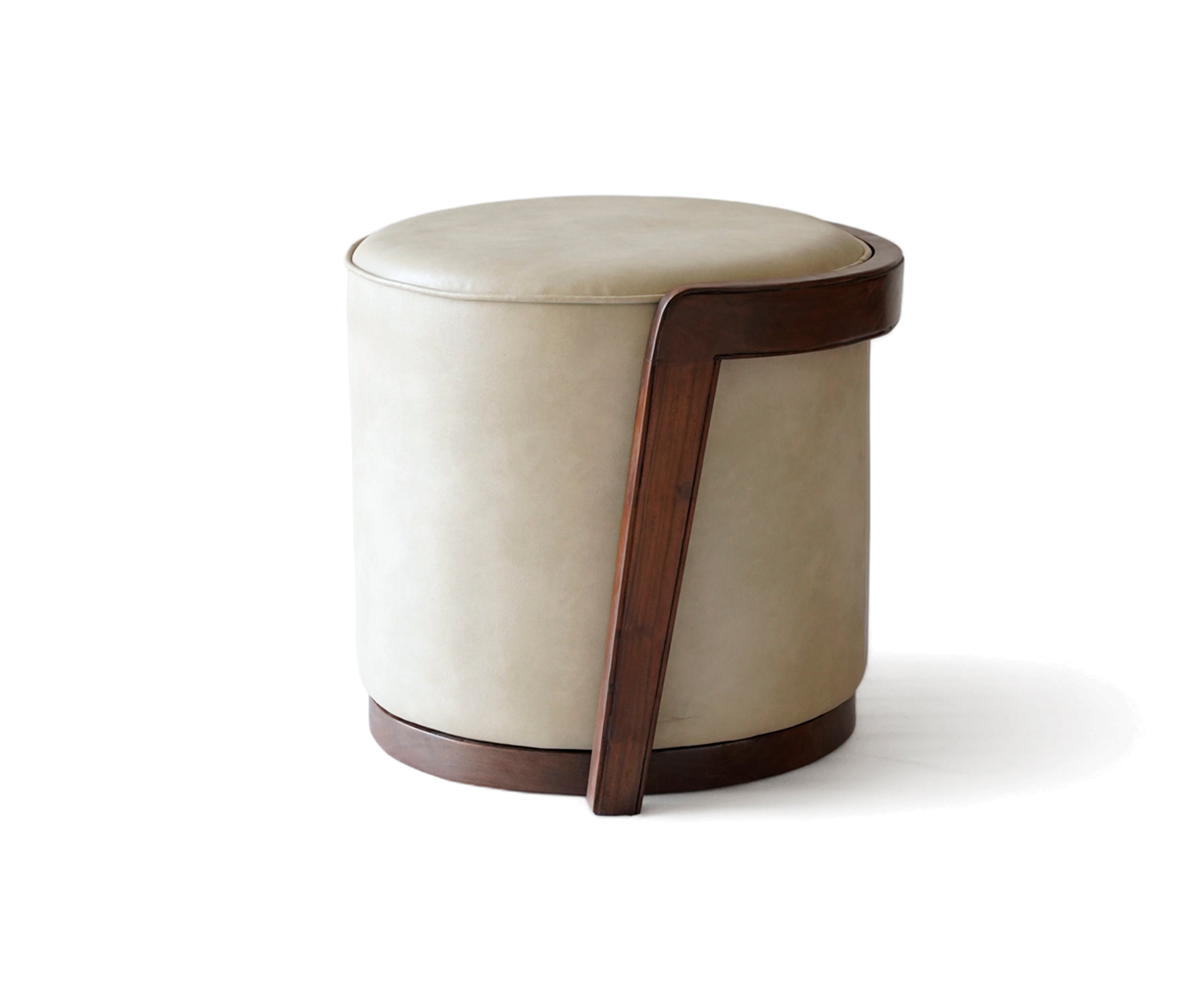 Round Beige Upholstered Stool with Dark Wood Frame