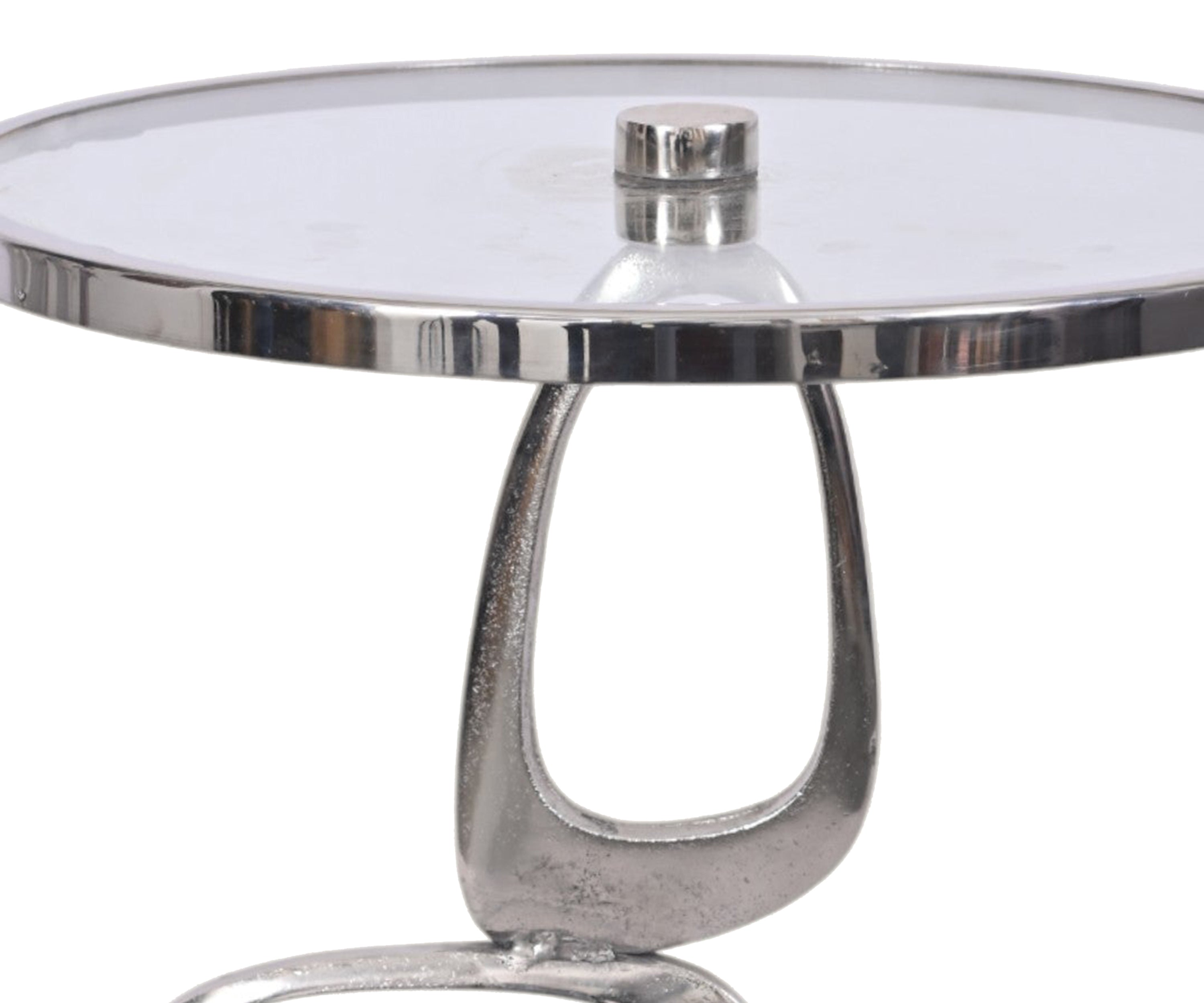 Round Glass Side Table with Abstract Loop Metal Base