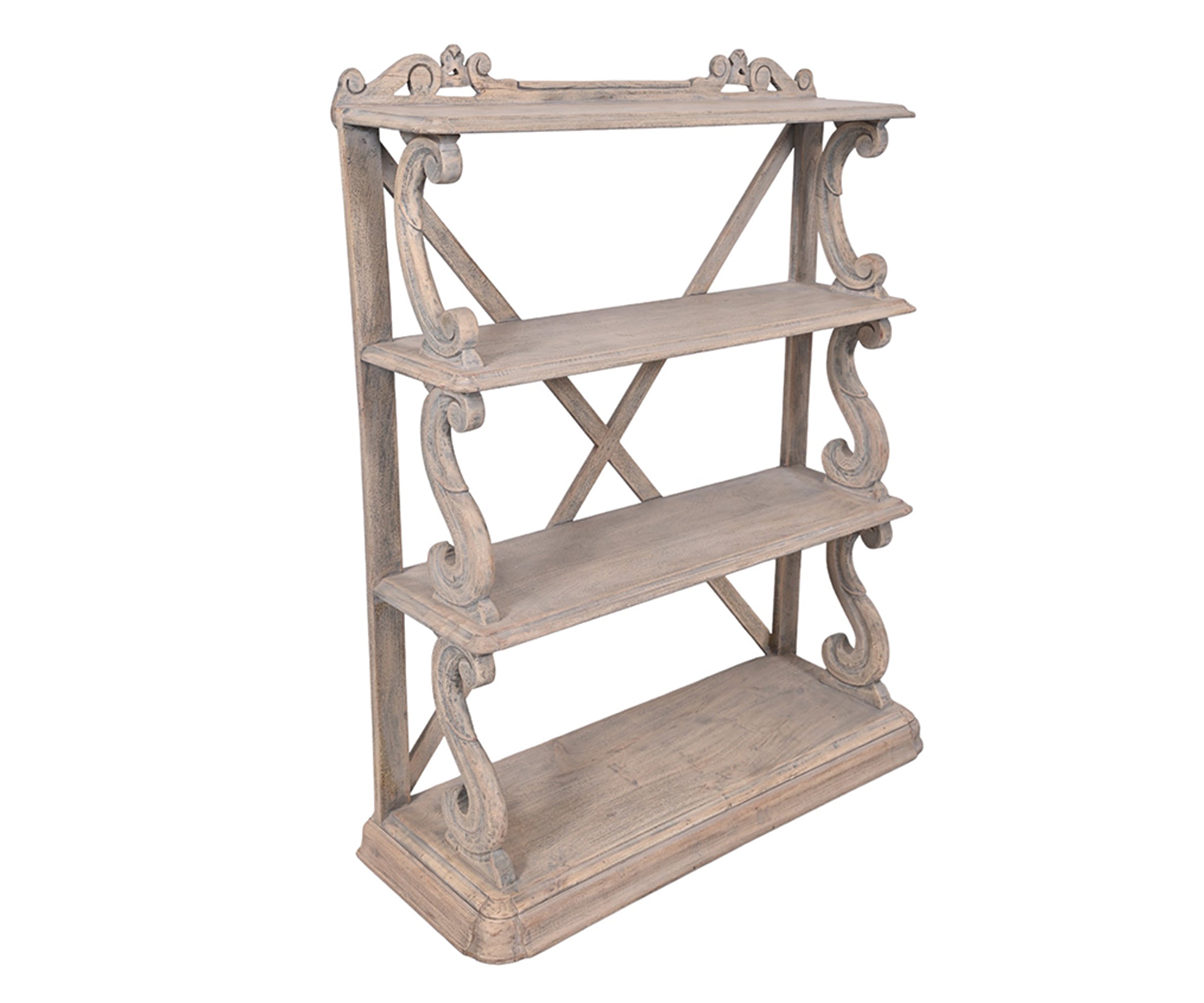 Rustic Wooden Display Shelf with Cross X-Beam Back