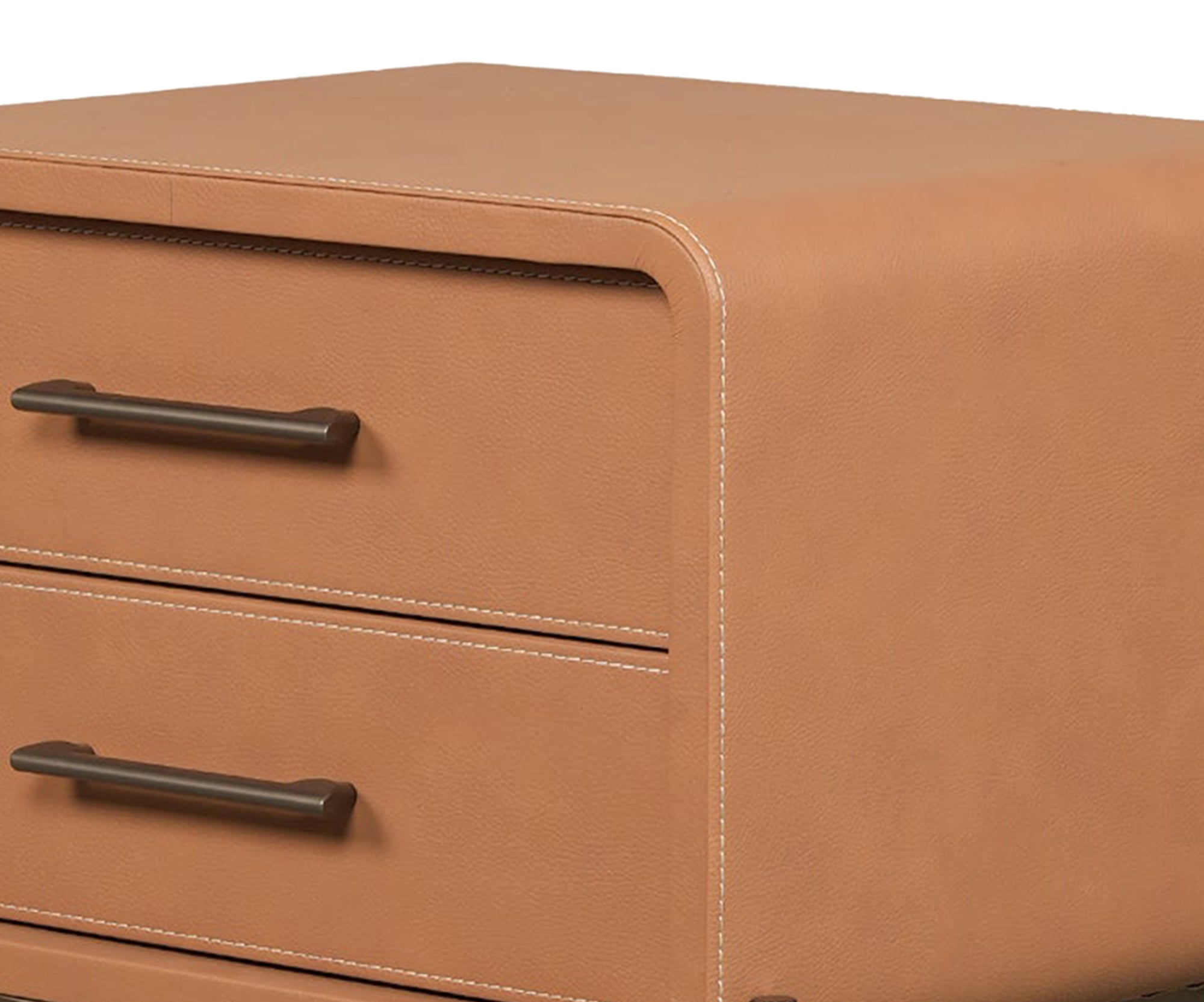 Camel Leather Wrapped 2-Drawer Bed Side Table with Metal Base