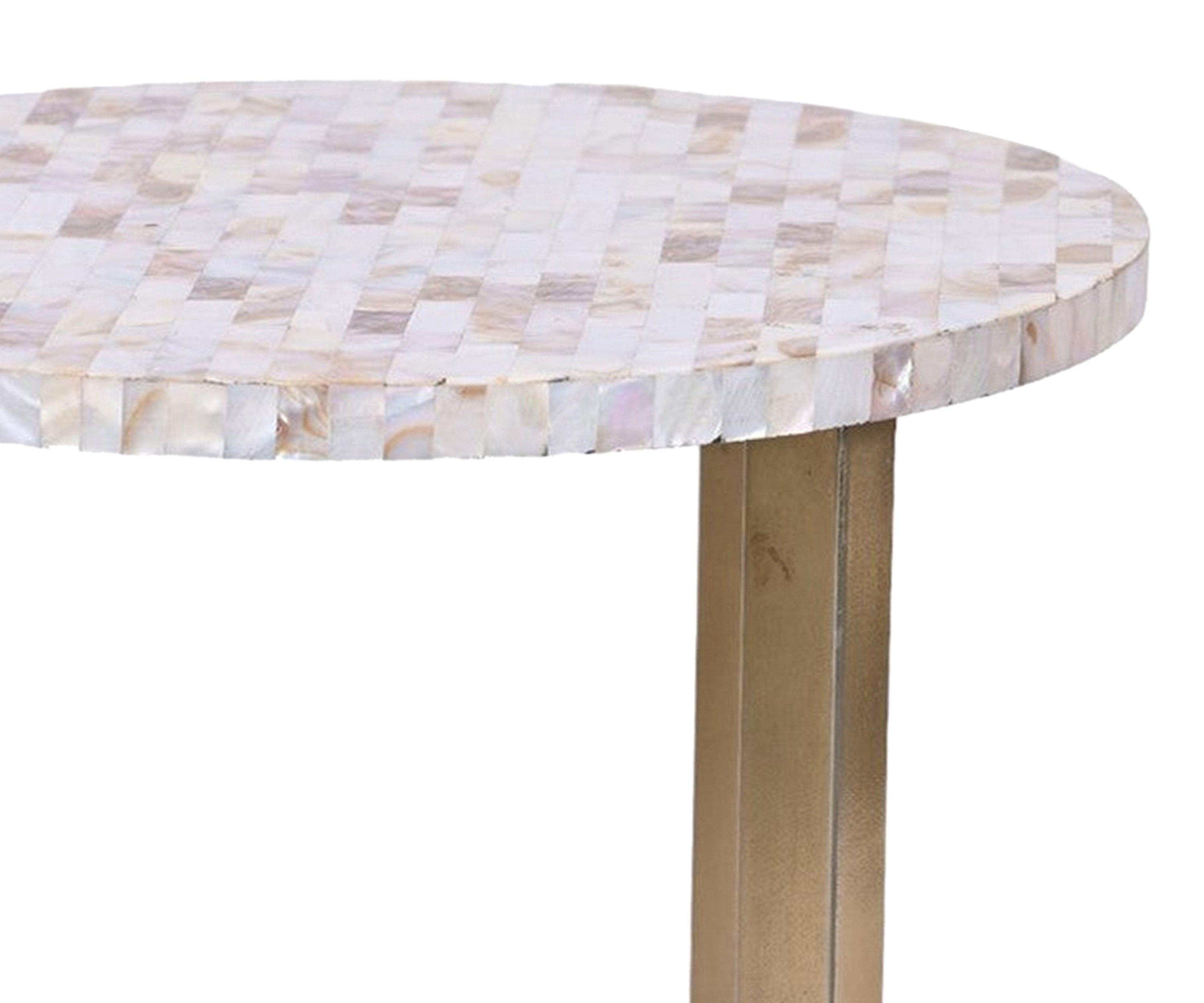 Round Mother of Pearl Inlay Side Table with Brass Finish Metal Base