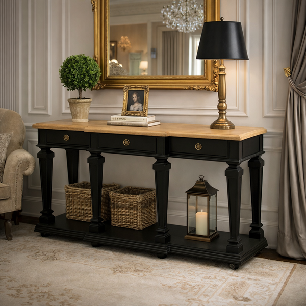 French Style Two-Tone Solid Wood Console Table with 3 Drawers and Shelf
