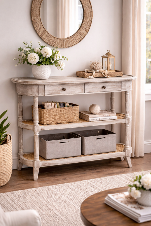 Vintage French Style Console Table with Cane Shelves and 2 Drawers