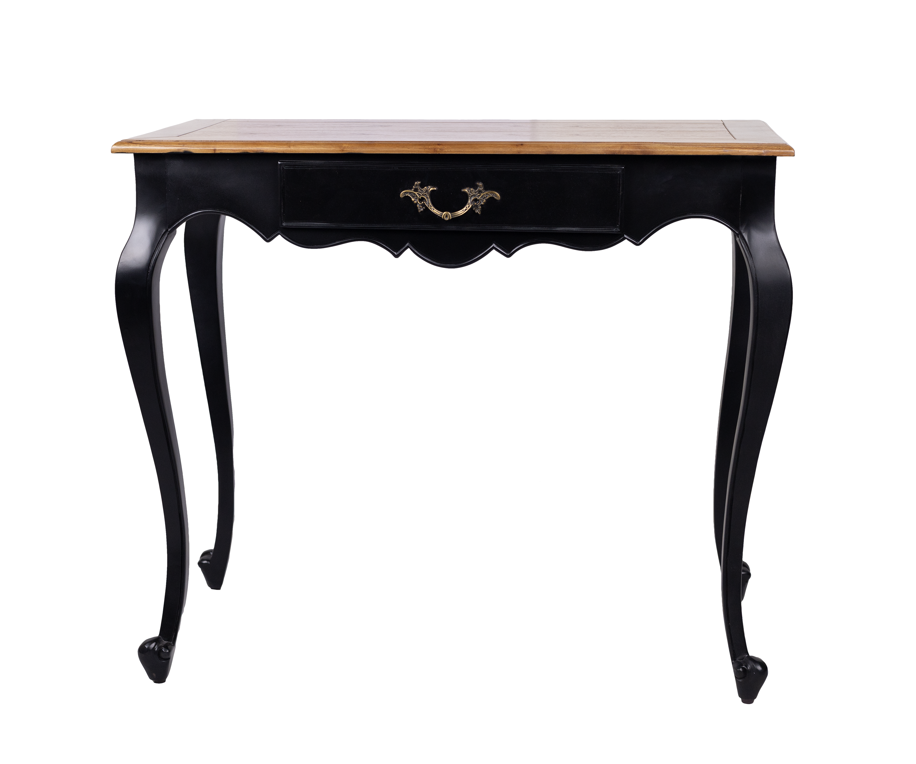 French Country Black Console Table with Natural Wood Top