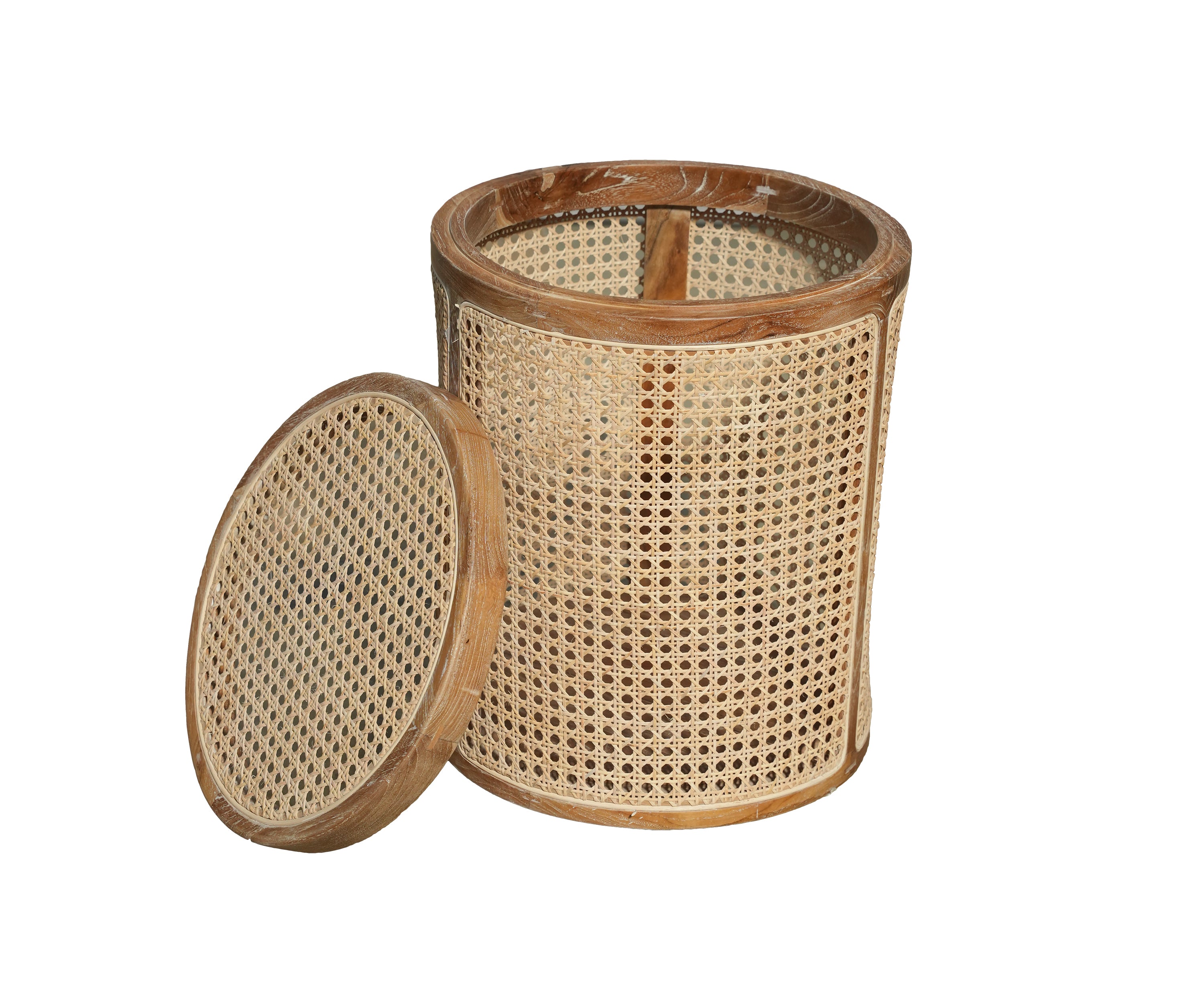 Natural Teak and Cane Round Side Table with  Storage