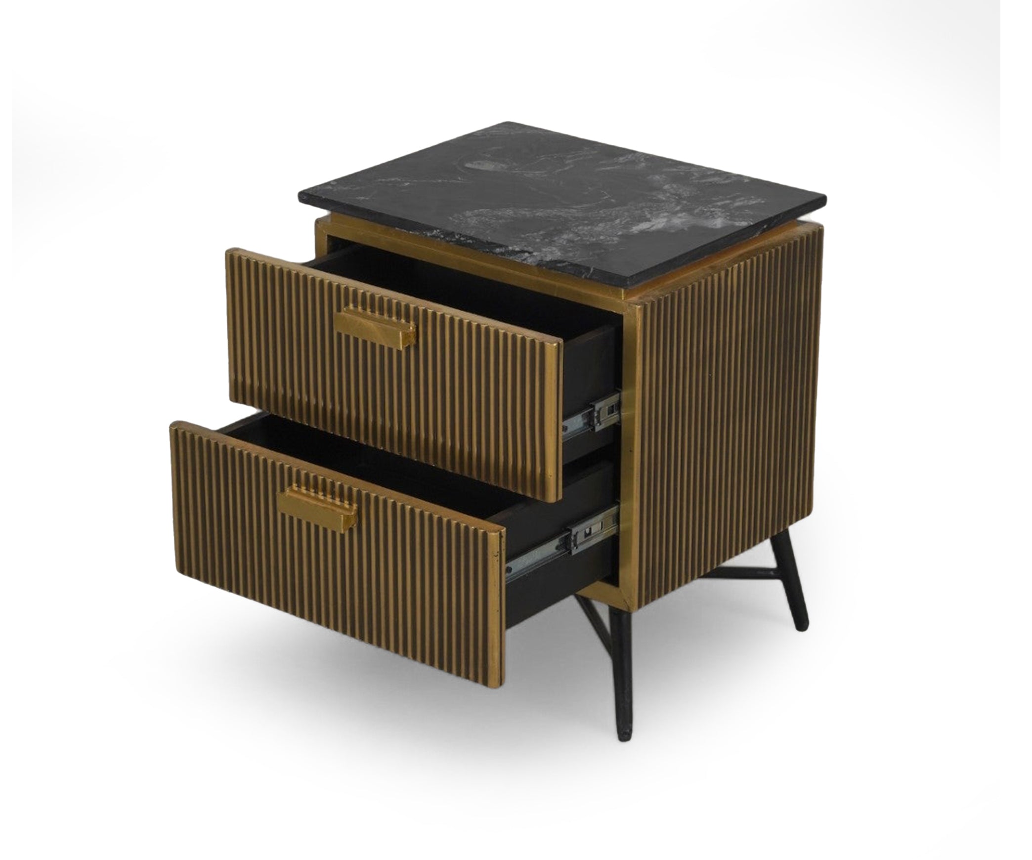 Fluted Brass 2-Drawer Bed Side Table with Black Marble Top
