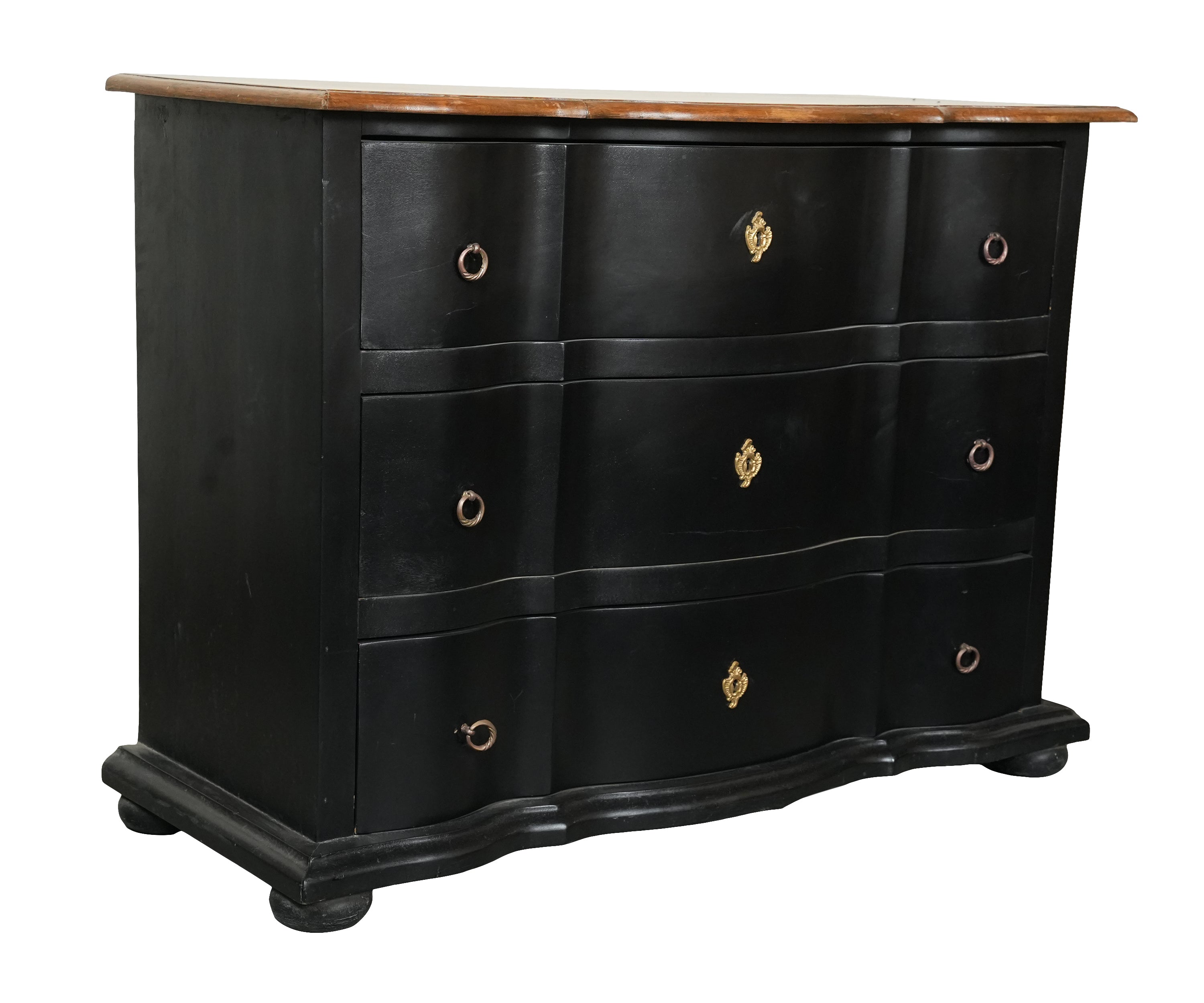 Black Wood 3-Drawer Bombe Chest of Drawer with Natural Wood Top