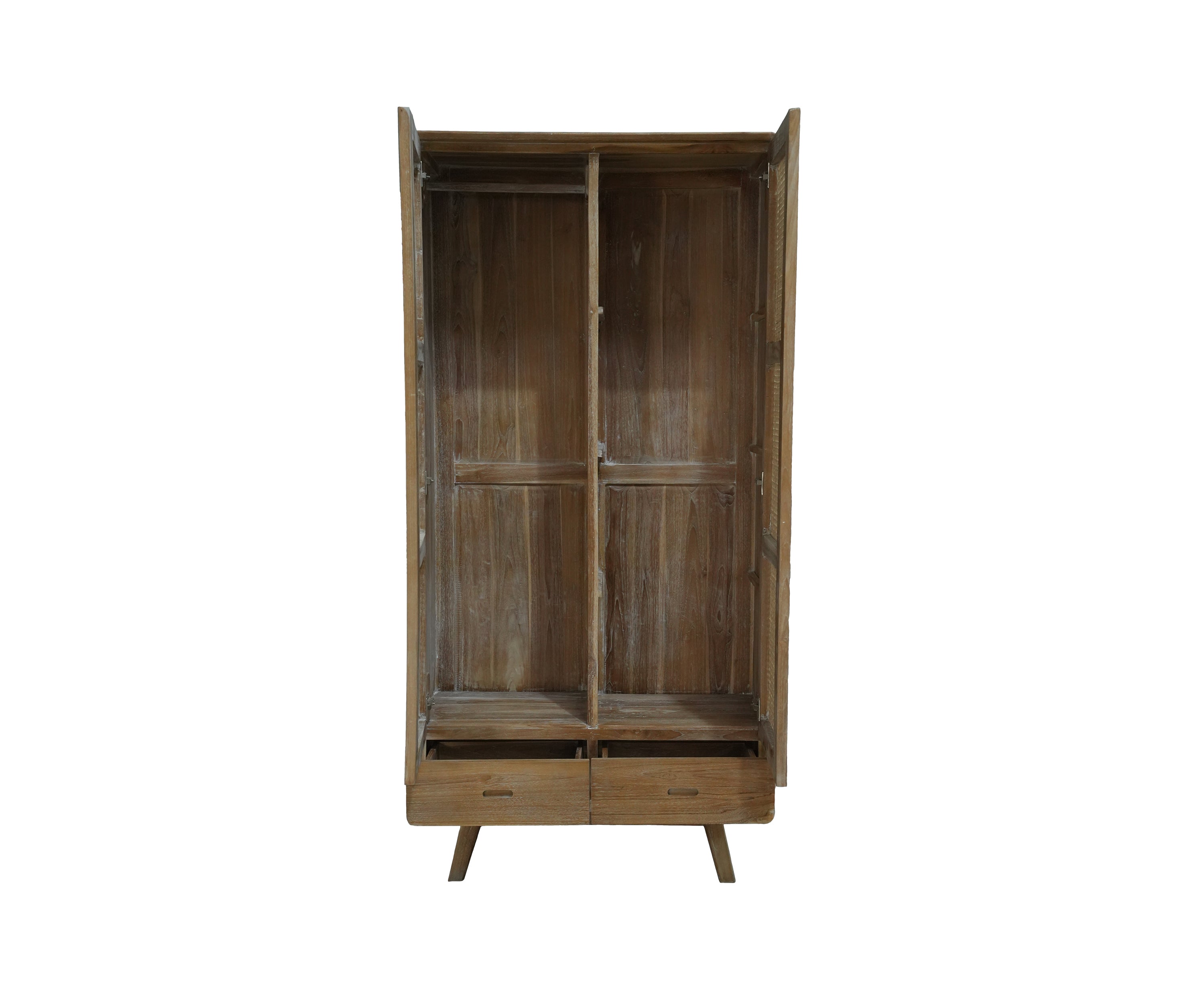 Natural Teak and Cane Double Door Wardrobe with Drawers