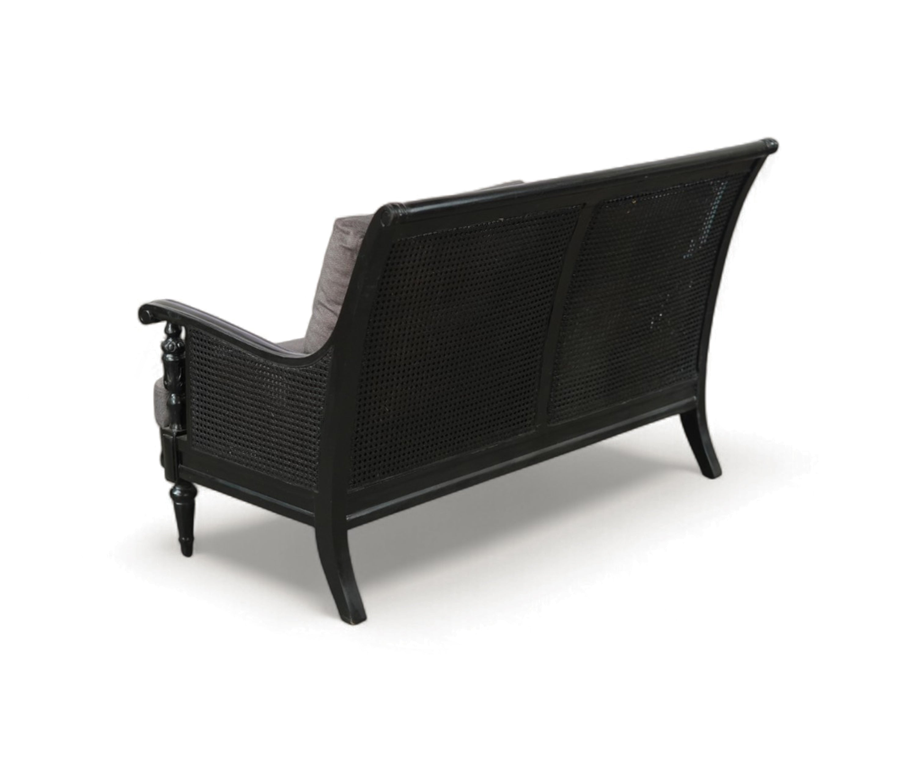 Acacia Wood 2-Seater Sofa with Woven Cane Panels & Charcoal Cushions