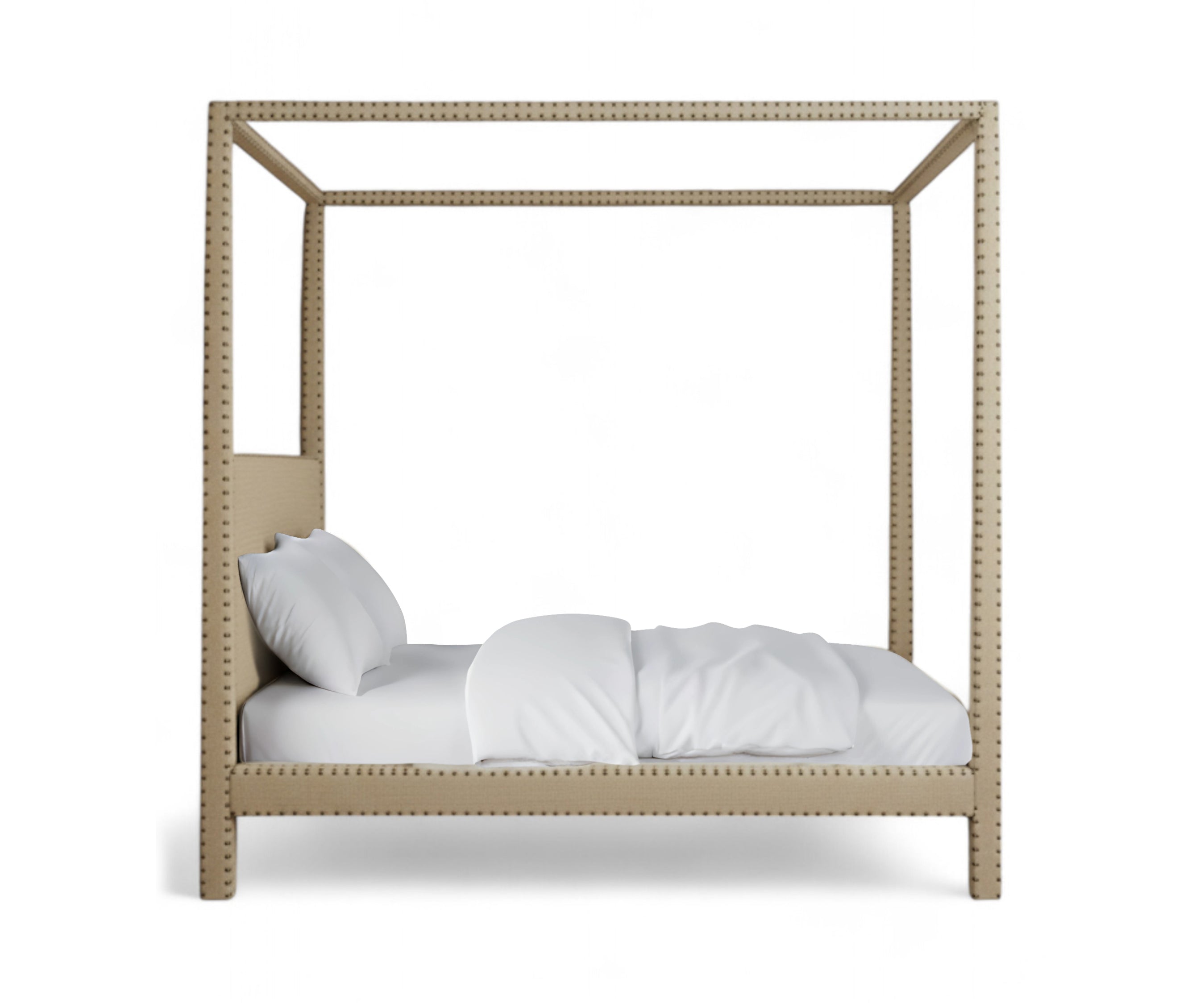 Elara Upholstered Acacia Wood Canopy Bed with Brass Nail Studs