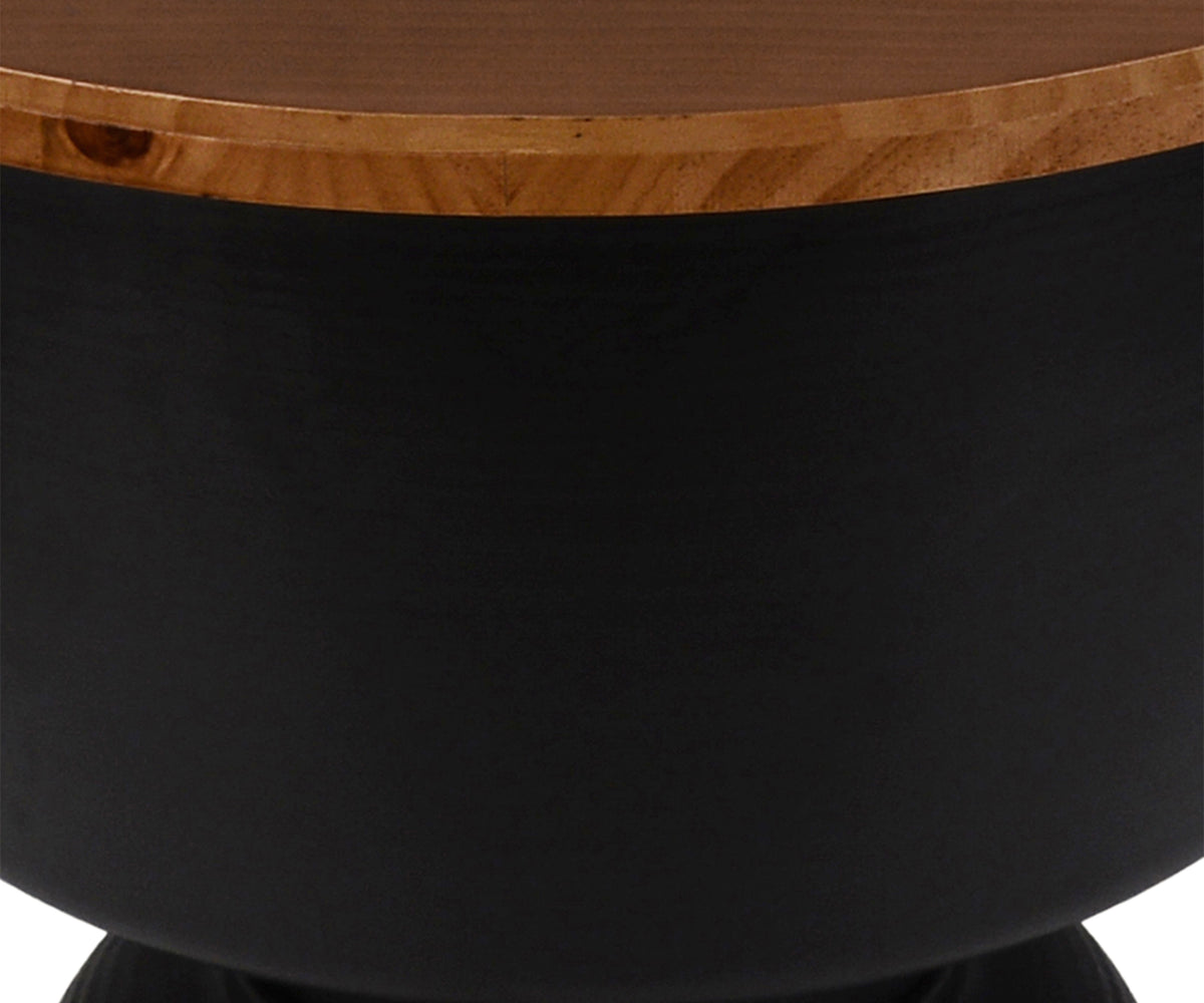 Matte Black Round Drum Side Table with Brown Flip-Top