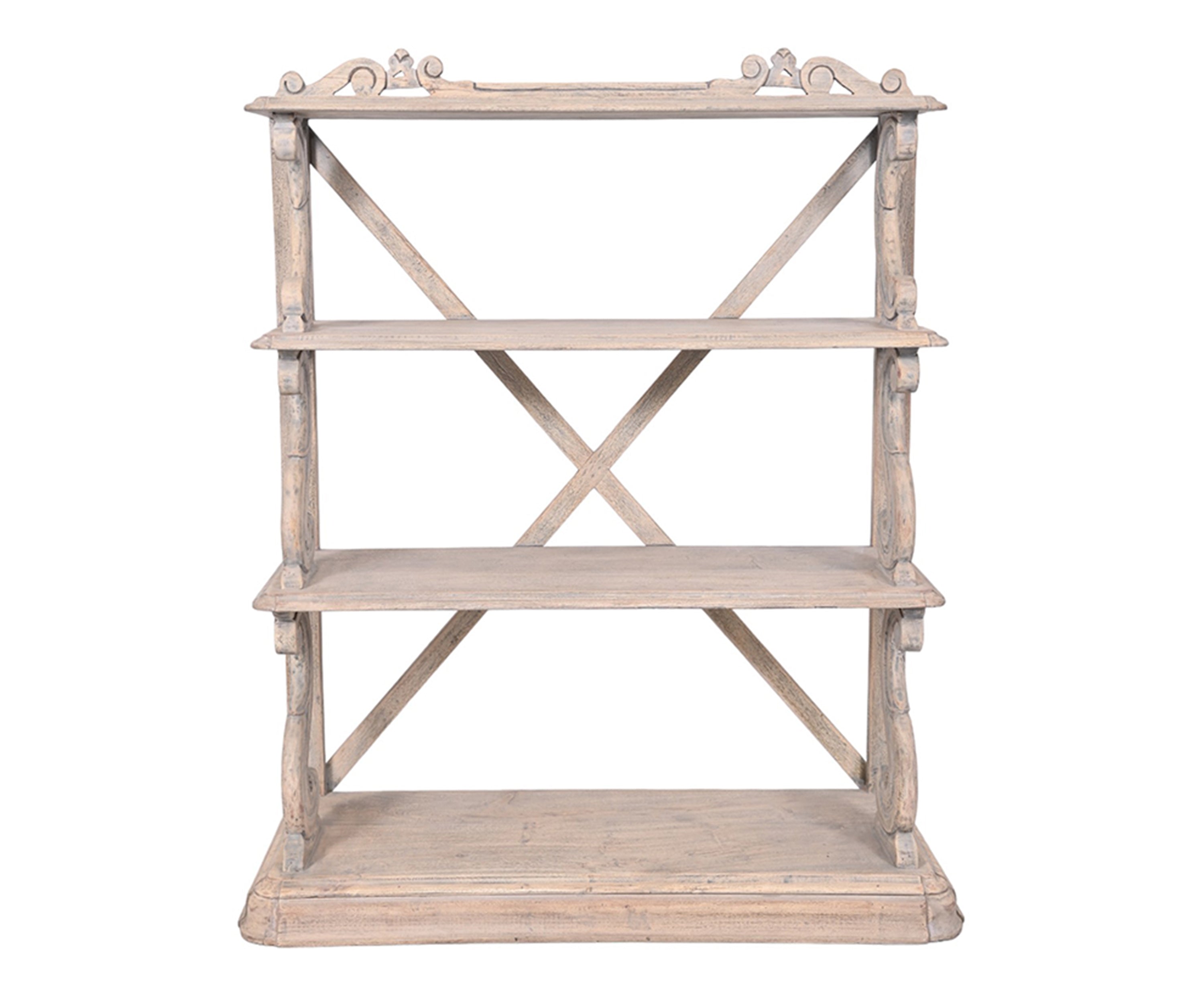 Rustic Wooden Display Shelf with Cross X-Beam Back