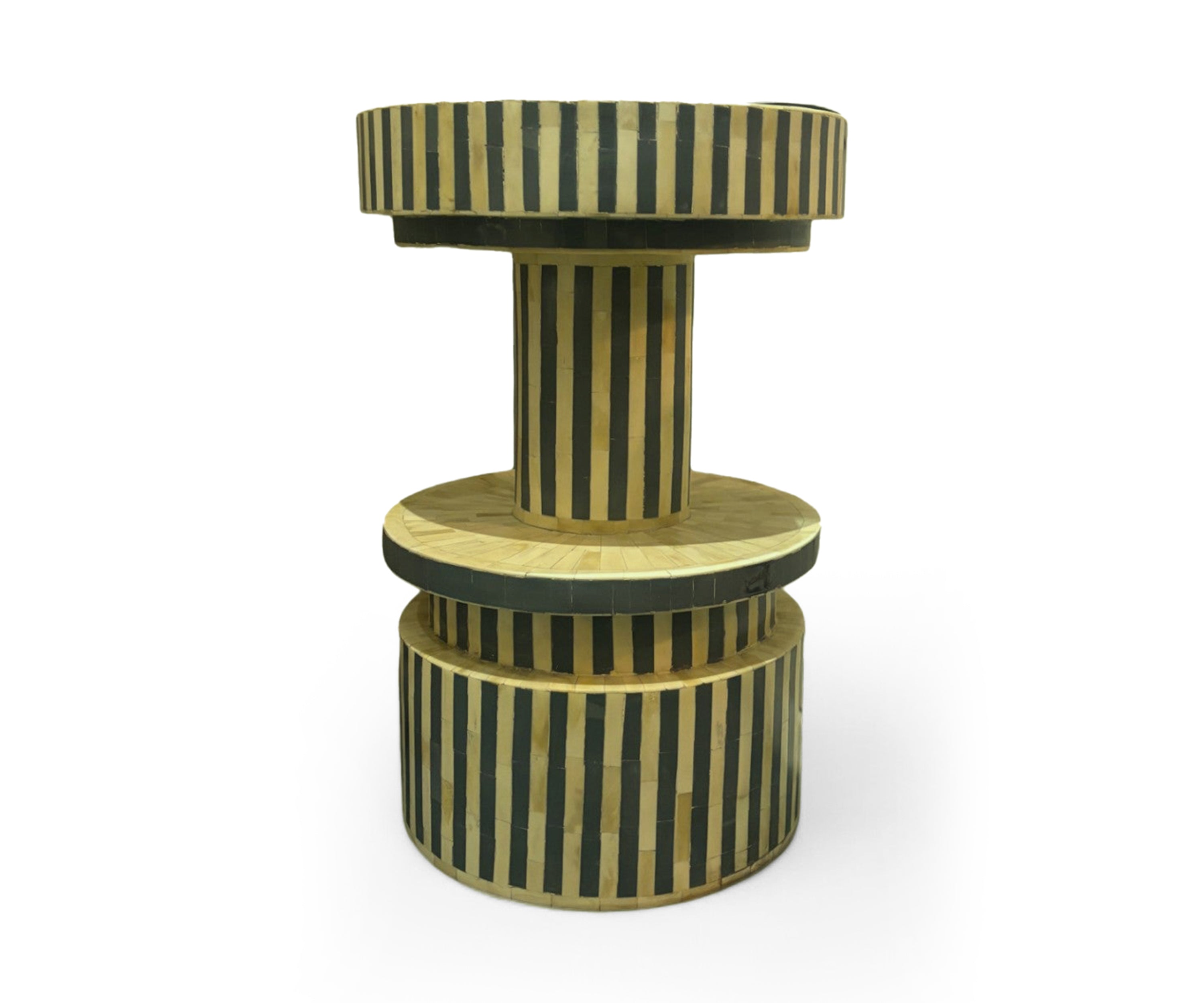 Black and Ivory Bone Inlay Side Table with Tiered Pedestal Base