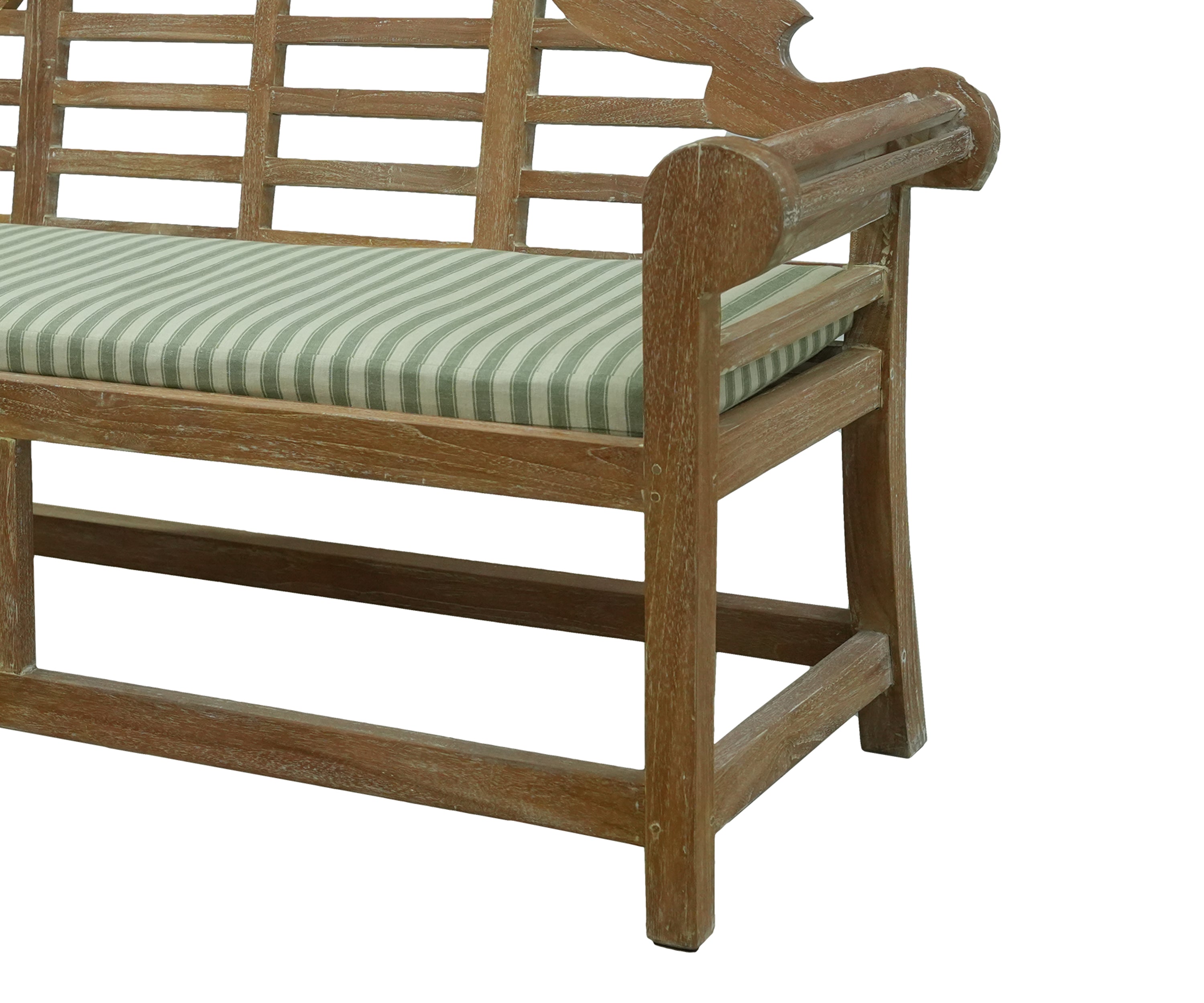 Vintage Style Teak Bench with Green Striped Upholstered Cushion