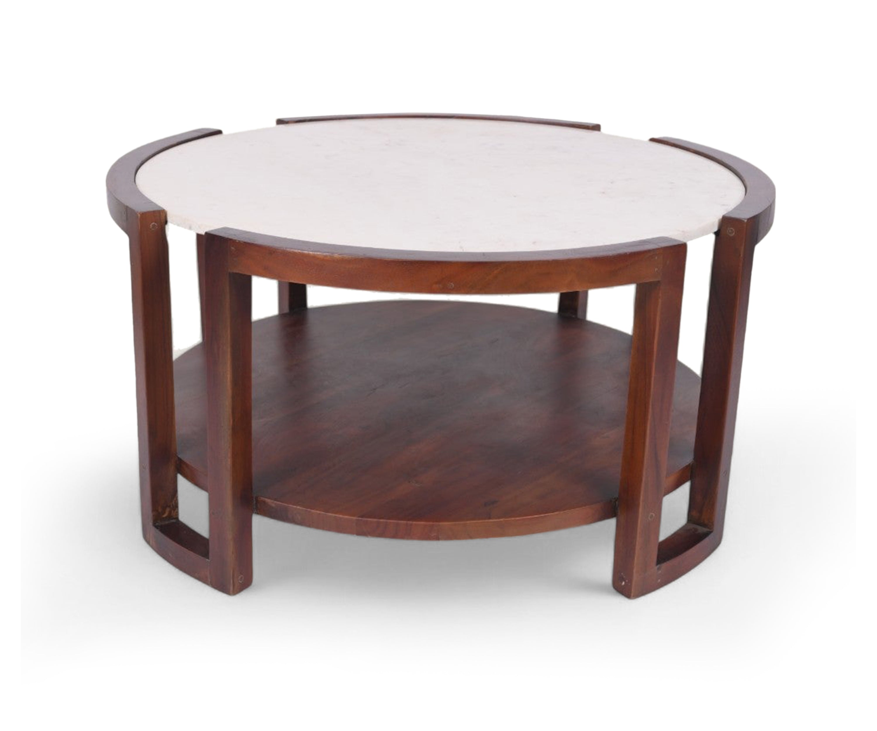 Round Marble Top Walnut Coffee Table with Shelf