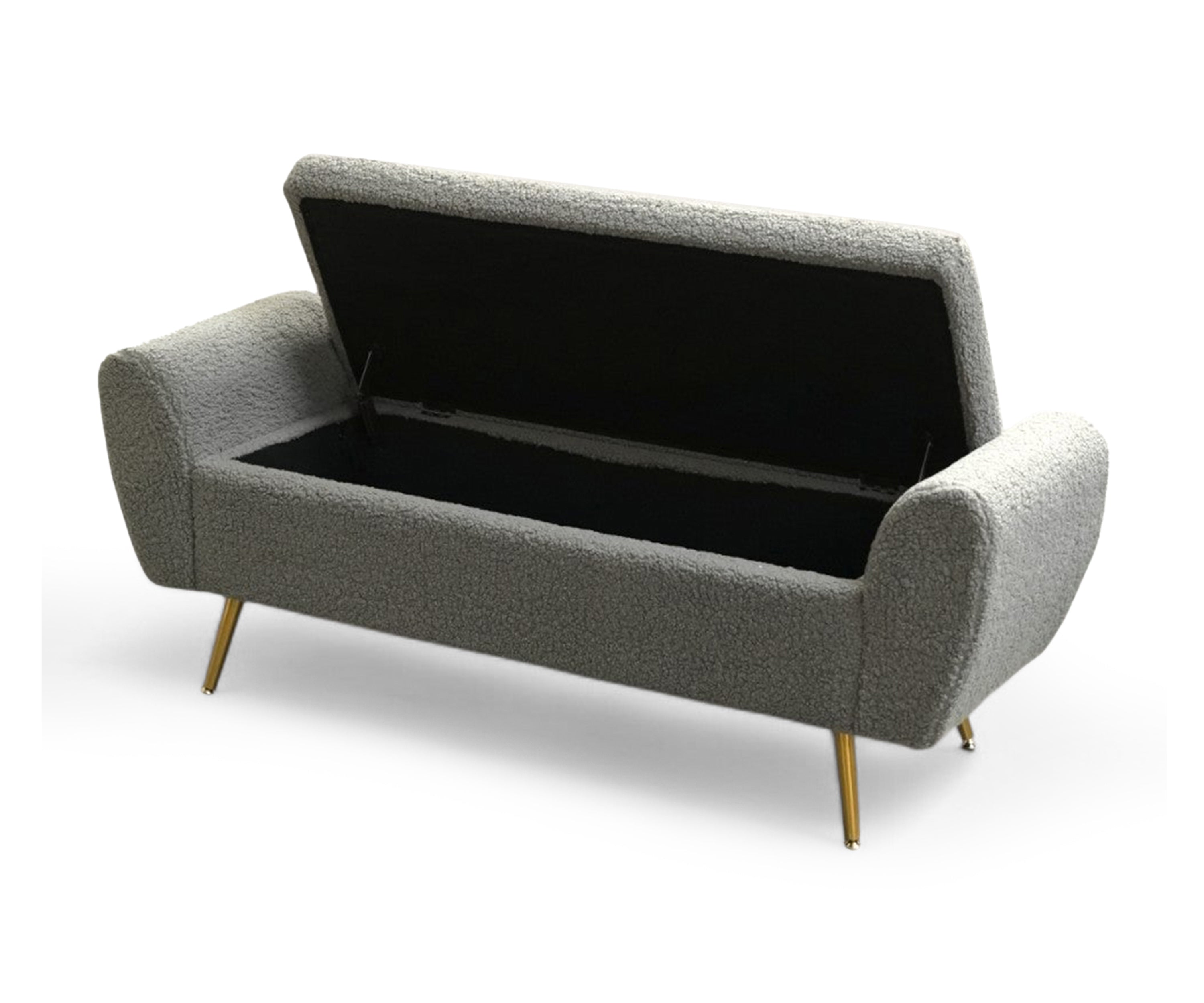 Grey Bouclé Storage Bench with Golden Metal Legs
