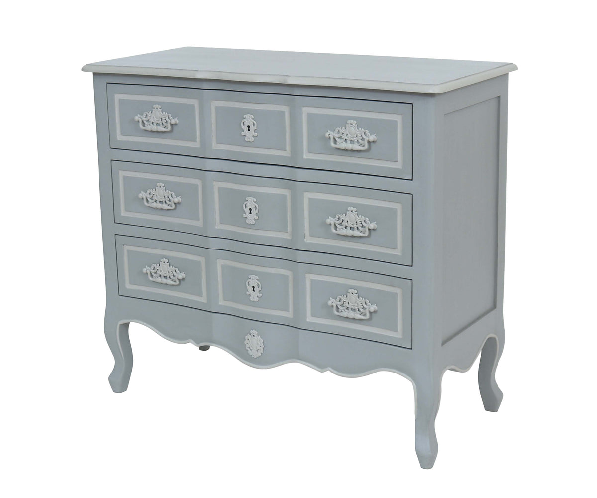 French Style Grey Three-Drawer Chest of Drawer with Ornate Hardware