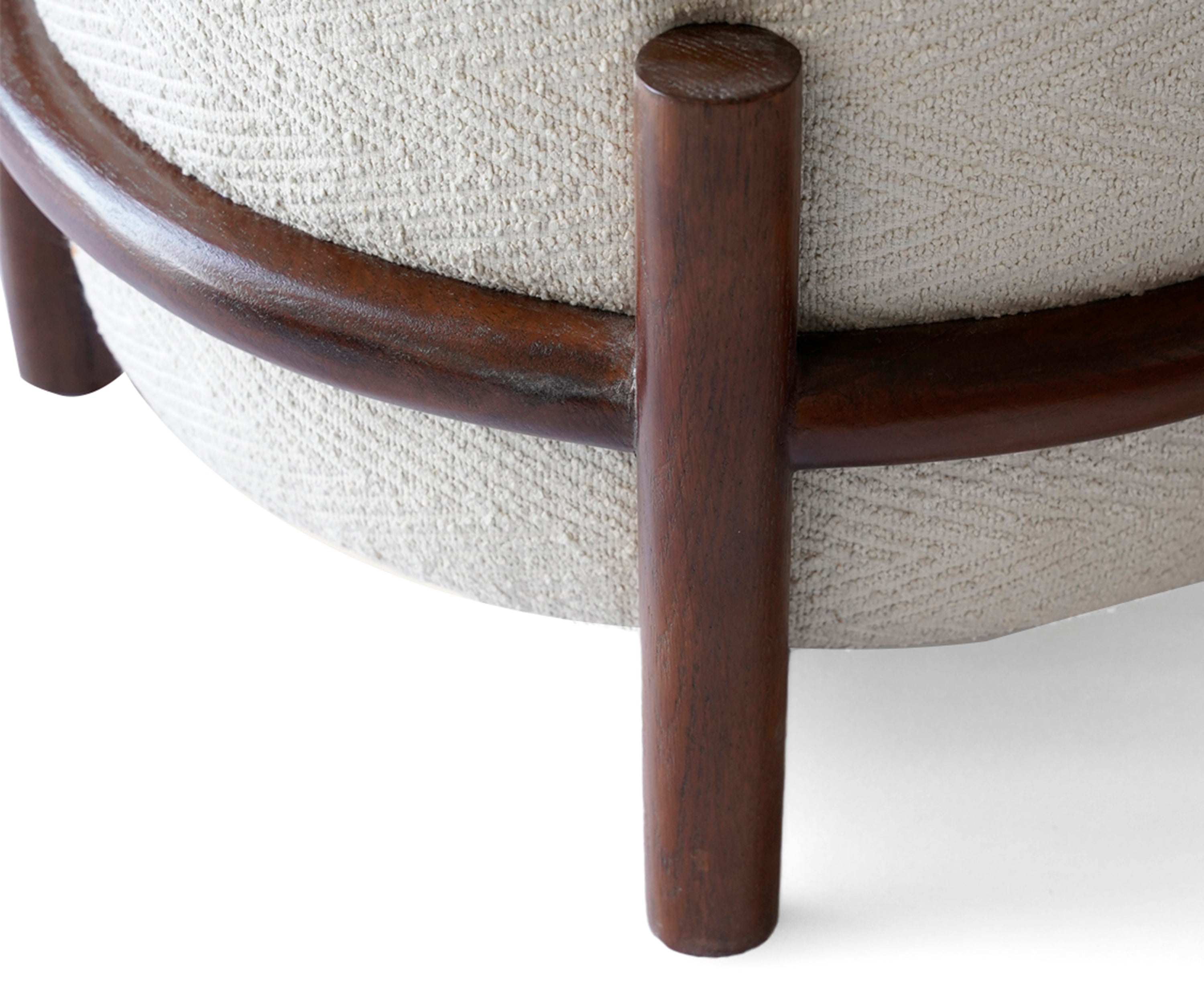 Cream Bouclé Round Ottoman with Teak Wood Base