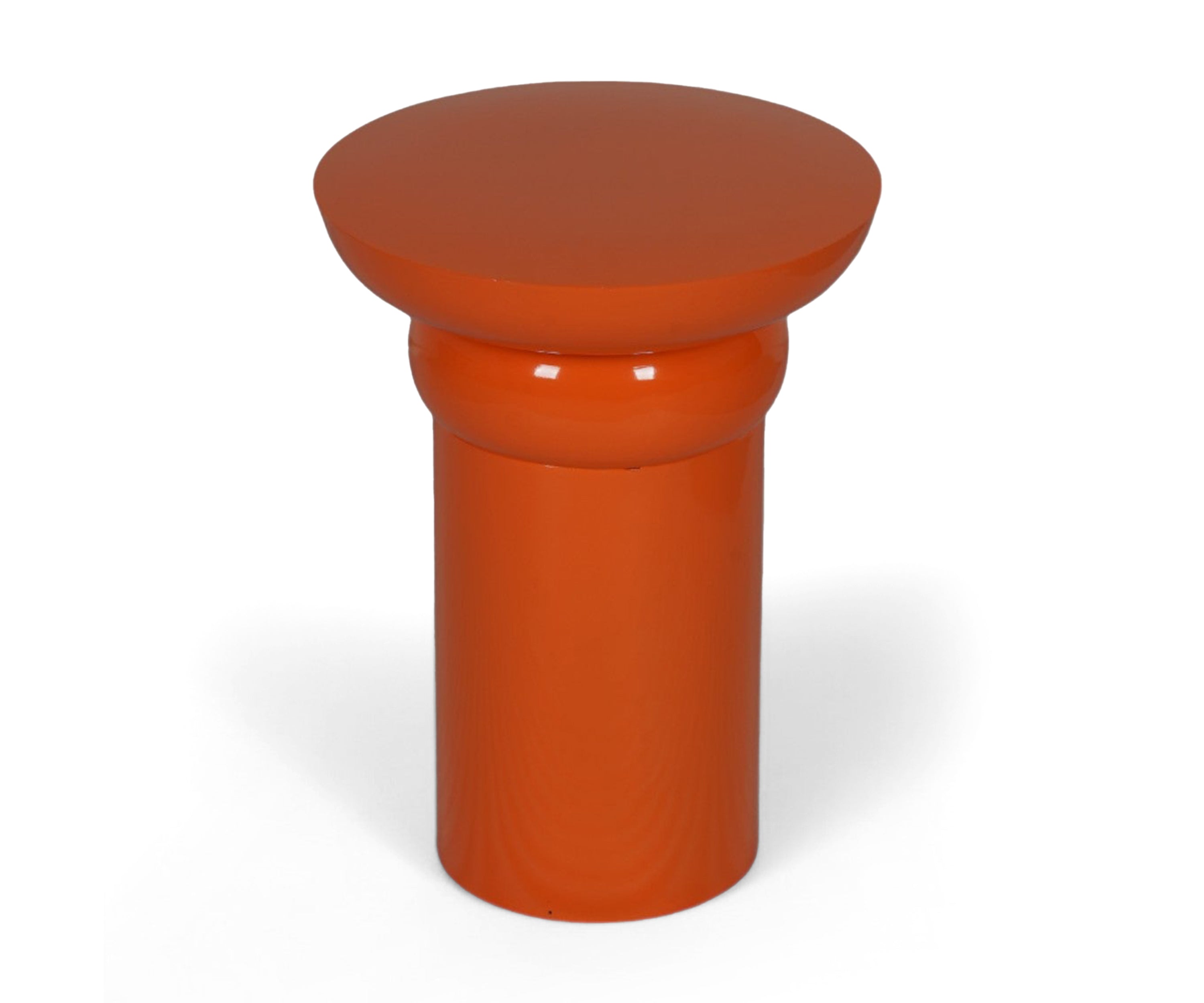 Orange Metal Side Table with Drum Pedestal Base