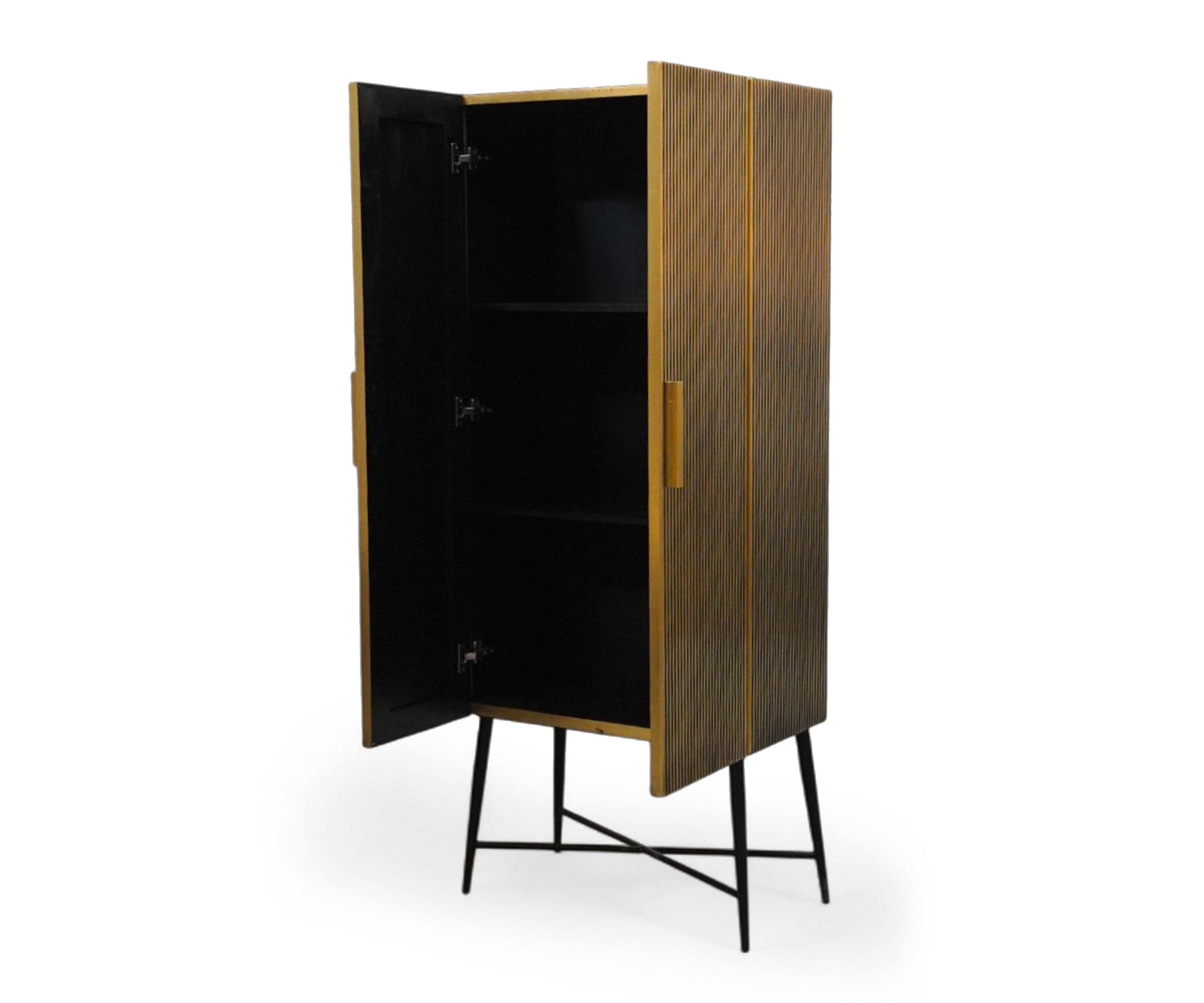 Tall Fluted Brass-Clad Storage Cabinet with Iron Legs