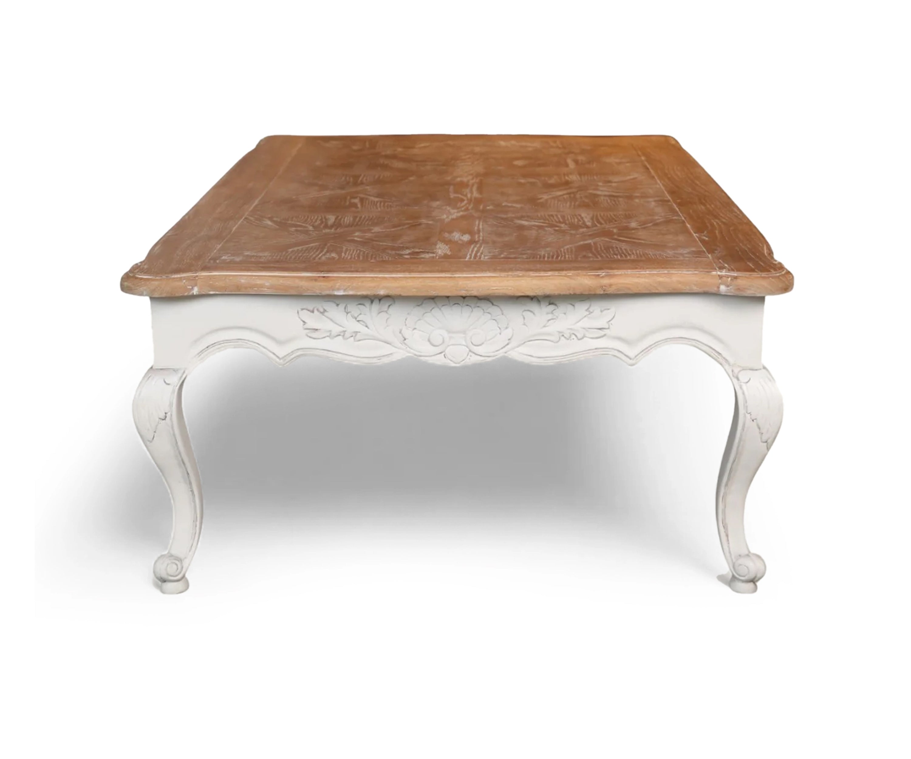 French Carved Acacia Wood Coffee Table – White Base