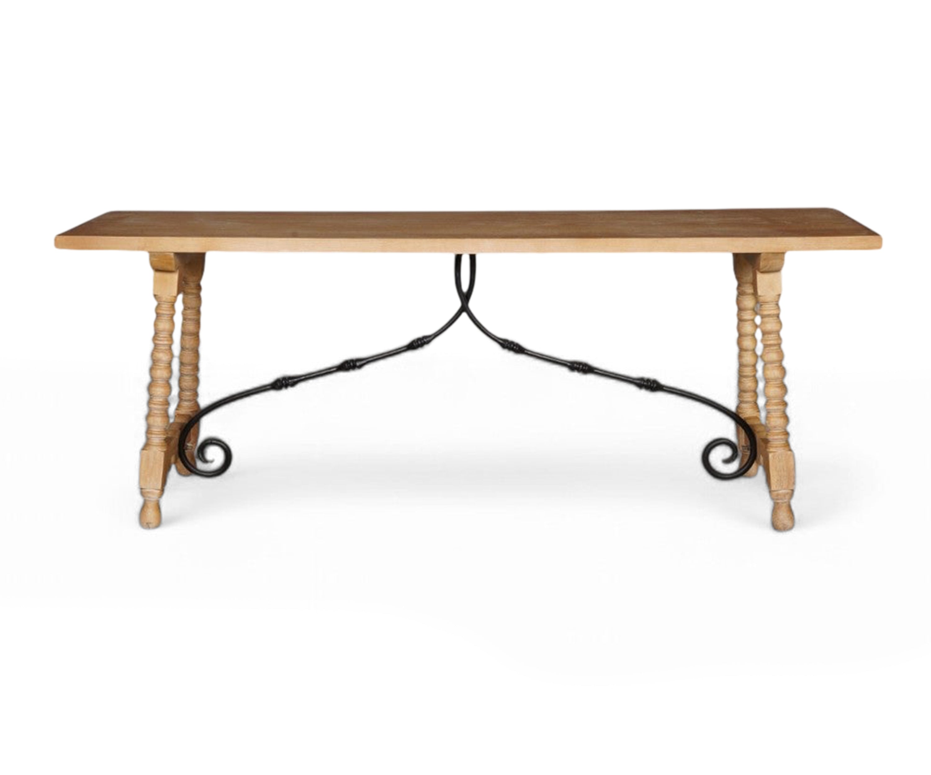 Oak Finish Wooden Console Table with Turned Legs and Iron Stretcher