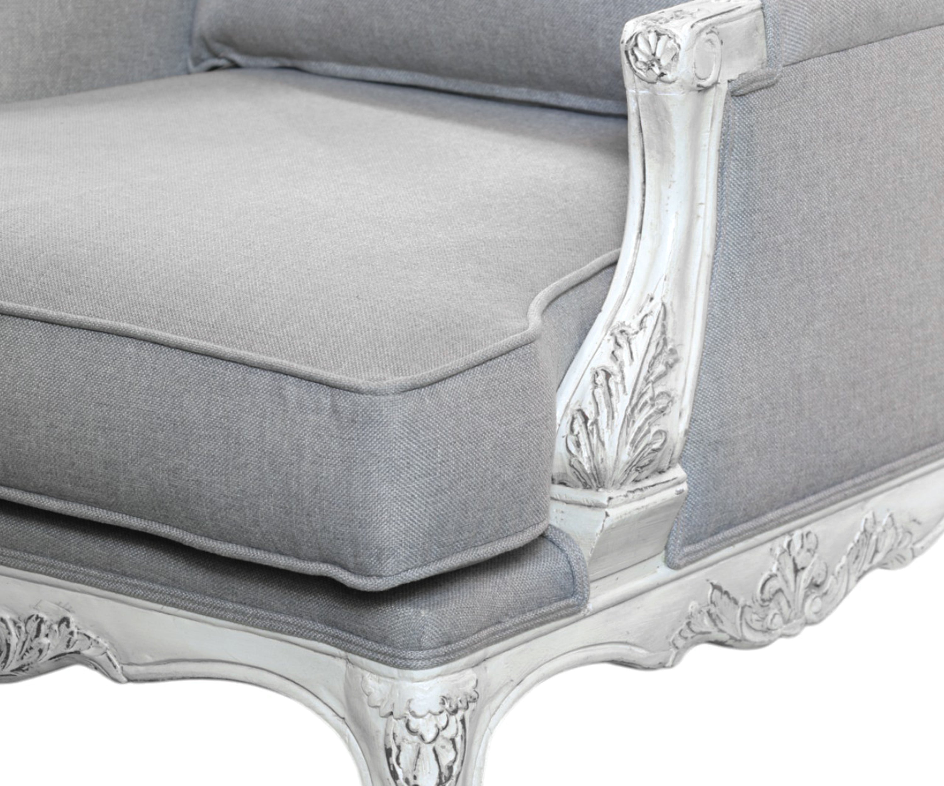 French Style Grey Armchair with Distressed White Frame