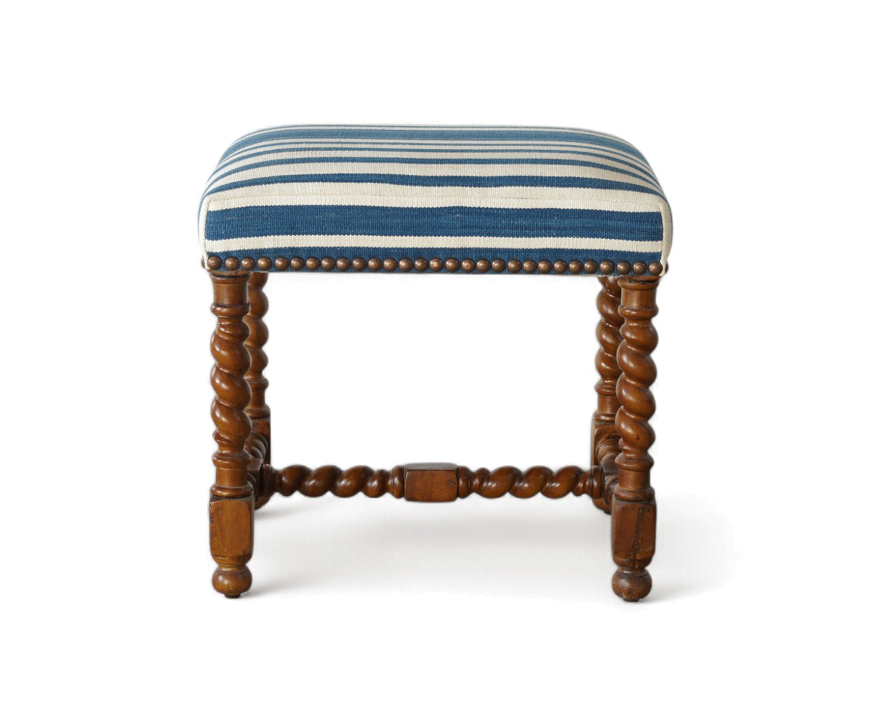 Blue and White Striped Upholstered Stool with Barely Twist Legs & Brass Nailhead Trim