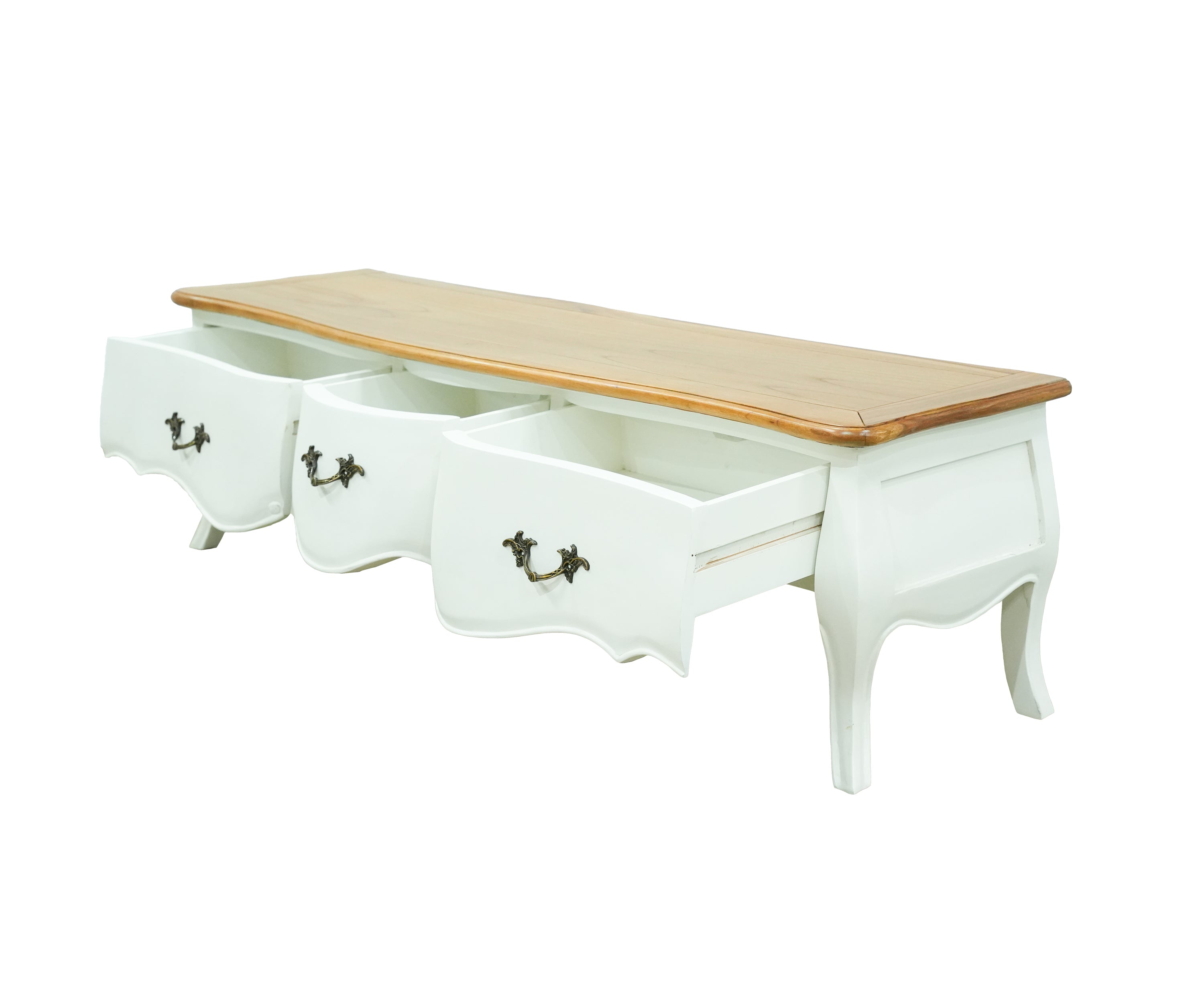 French Classic Whitewashed TV Unit with Wooden Top