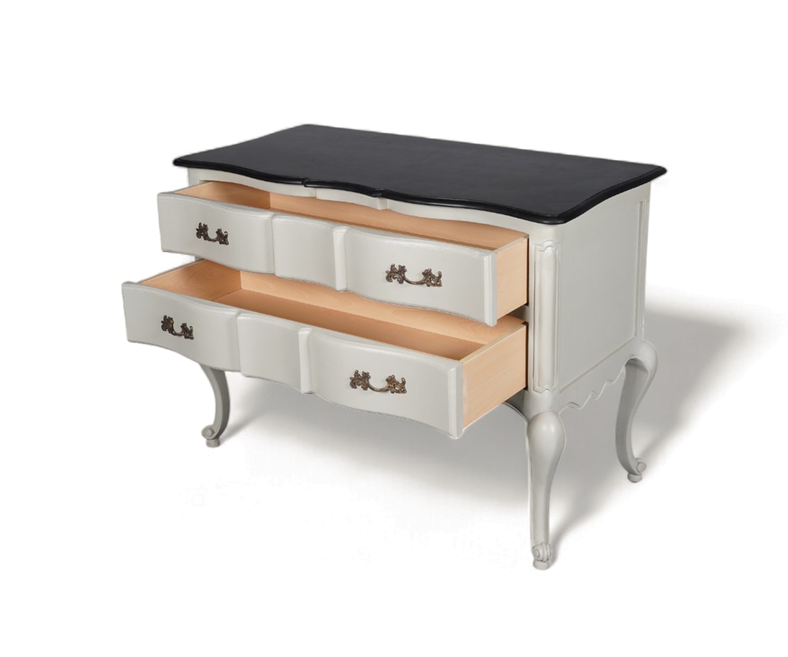 French Style Two Drawer Chest of Drawers with Black Top