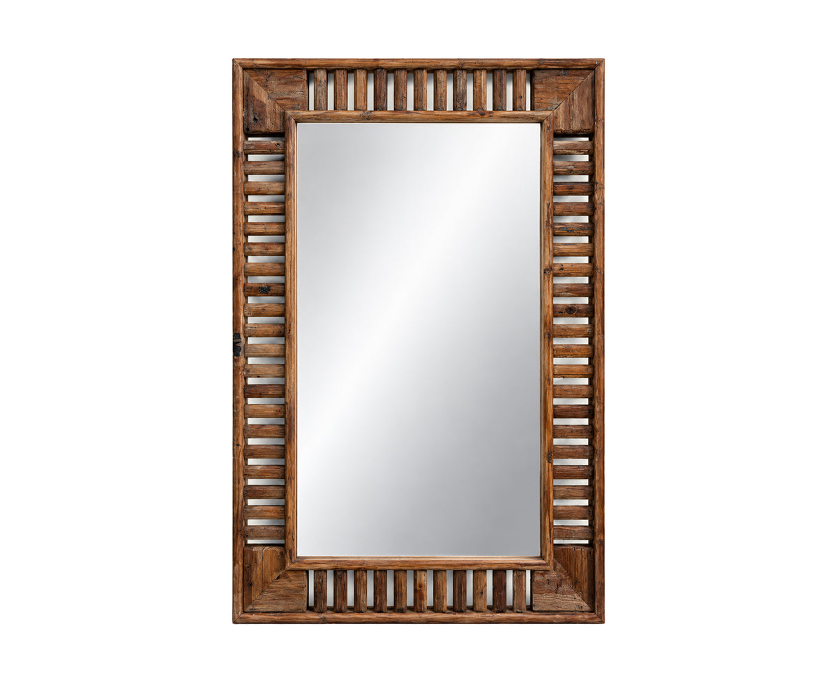 Slatted Teak Rectangular Wall Mirror in Warm Brown Finish