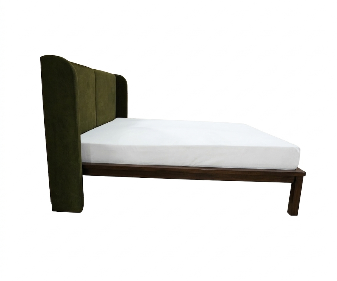 Modern Green Velvet Wingback Bed with Distressed Wooden Frame