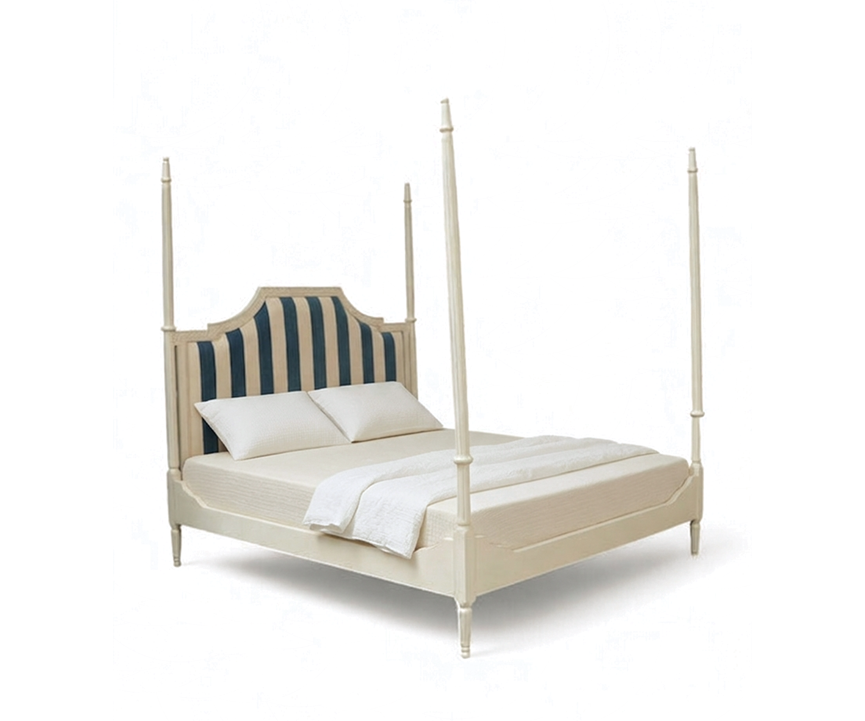 Four Poster Bed with Striped Upholstered Headboard